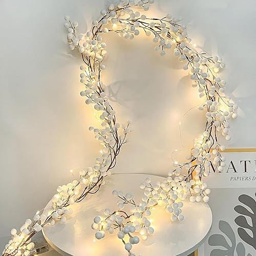 RECUTMS Guirnalda de bayas rojas para decoración de Navidad, guirnalda de bayas rojas artificiales de 6.23 pies con tallos flexibles, decoración de