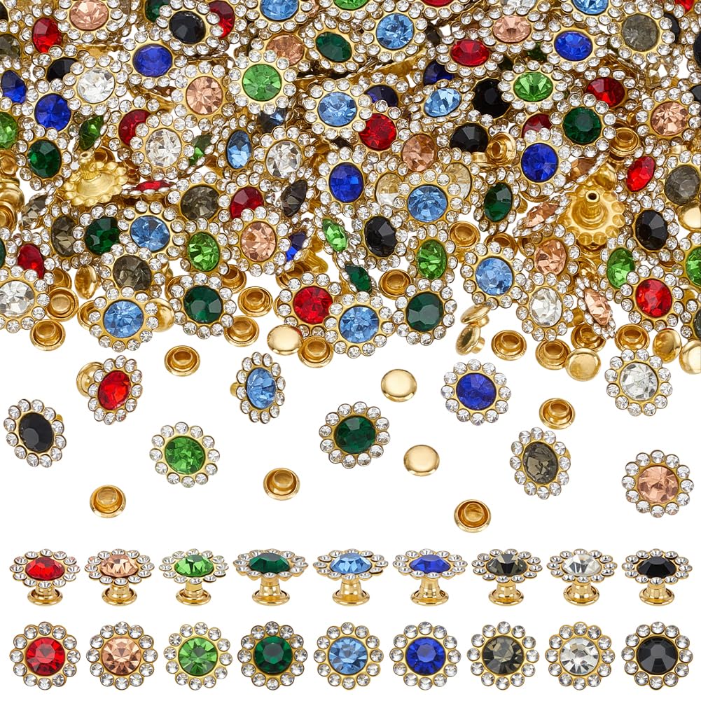 FINGERINSPIRE 162sets Rhinestone Rivets Studs 0.43inch Semi-Tubular Rhinestones Rivets Golden Brass Crystal Studs 9 Colors Sun Flower Diamond Rivet for Cloth Leather Fabric Repair Decoration-image-31
