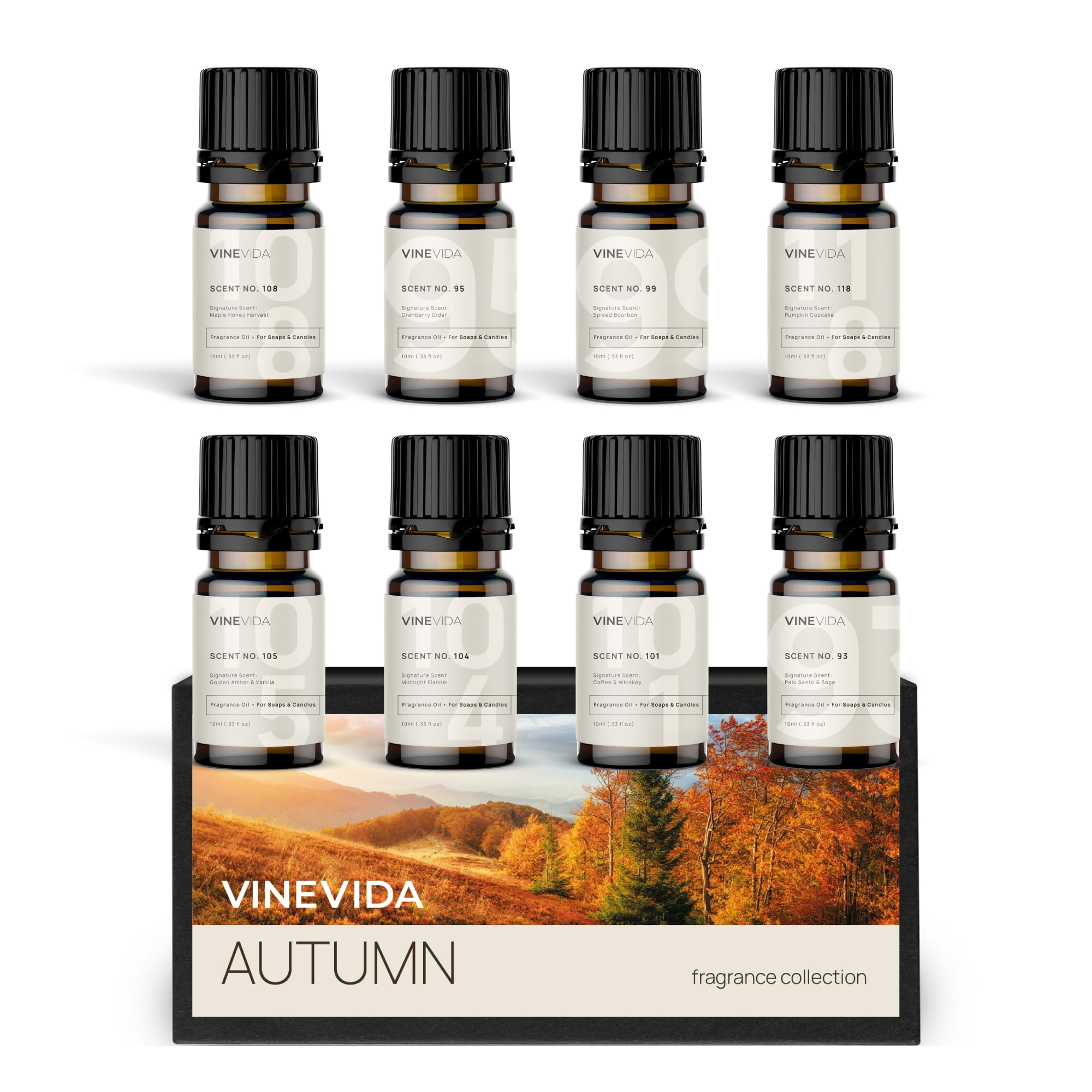 VINEVIDA [Set of 8] Autumn Scents for Candle Making, Made in USA Candle Fragrance Oil, Soap Making Essential Oils, Diffuser Oil Scents