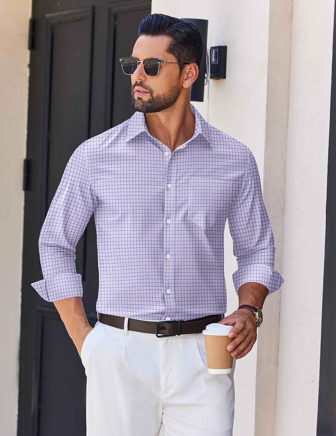 COOFANDY Men's Long Sleeve Plaid Button Down Cotton Wrinkle Free Dress Shirt - Image 2