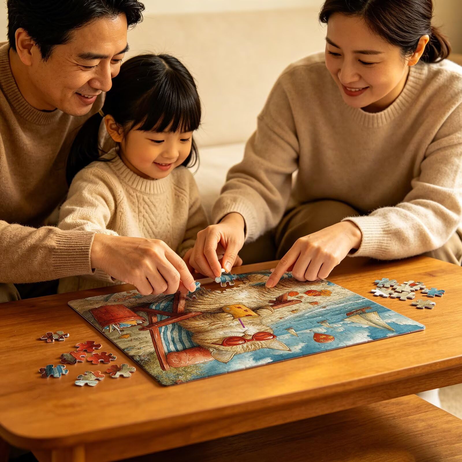 Puzzle 1000 elementów, puzzle 1000 elementów dla dorosłych, trudne puzzle, aktywność antystresowa i relaks, druk w wysokiej rozdzielczości, drewniane puzzle kot plażowy z wykwintnym pudełkiem do