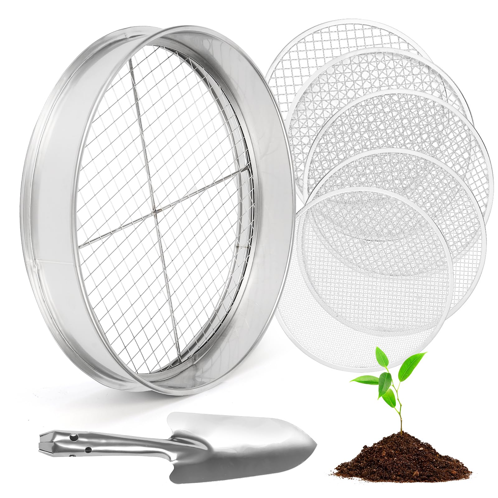 Tamis de Sol pour Le Jardinage, Tamis de Sol en Acier Inoxydable de 12 Pouces avec 5 écrans Fins Remplaçables, Gants et Pelle, Tamis pour Sable, 3mm, 5mm, 8mm, 10mm, 12mm (Argent)