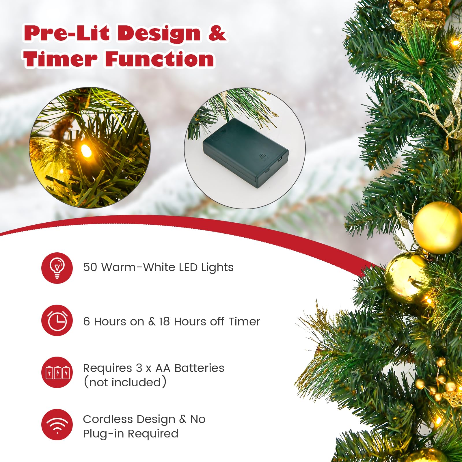 KOMFOTTEU 270 cm Guirnalda de Navidad con 50 Luces LED, Guirnalda de Abeto Artificial con Función de Temporizador, Decoración Navideña con para Escalera, Chimenea (Verde y Dorado)