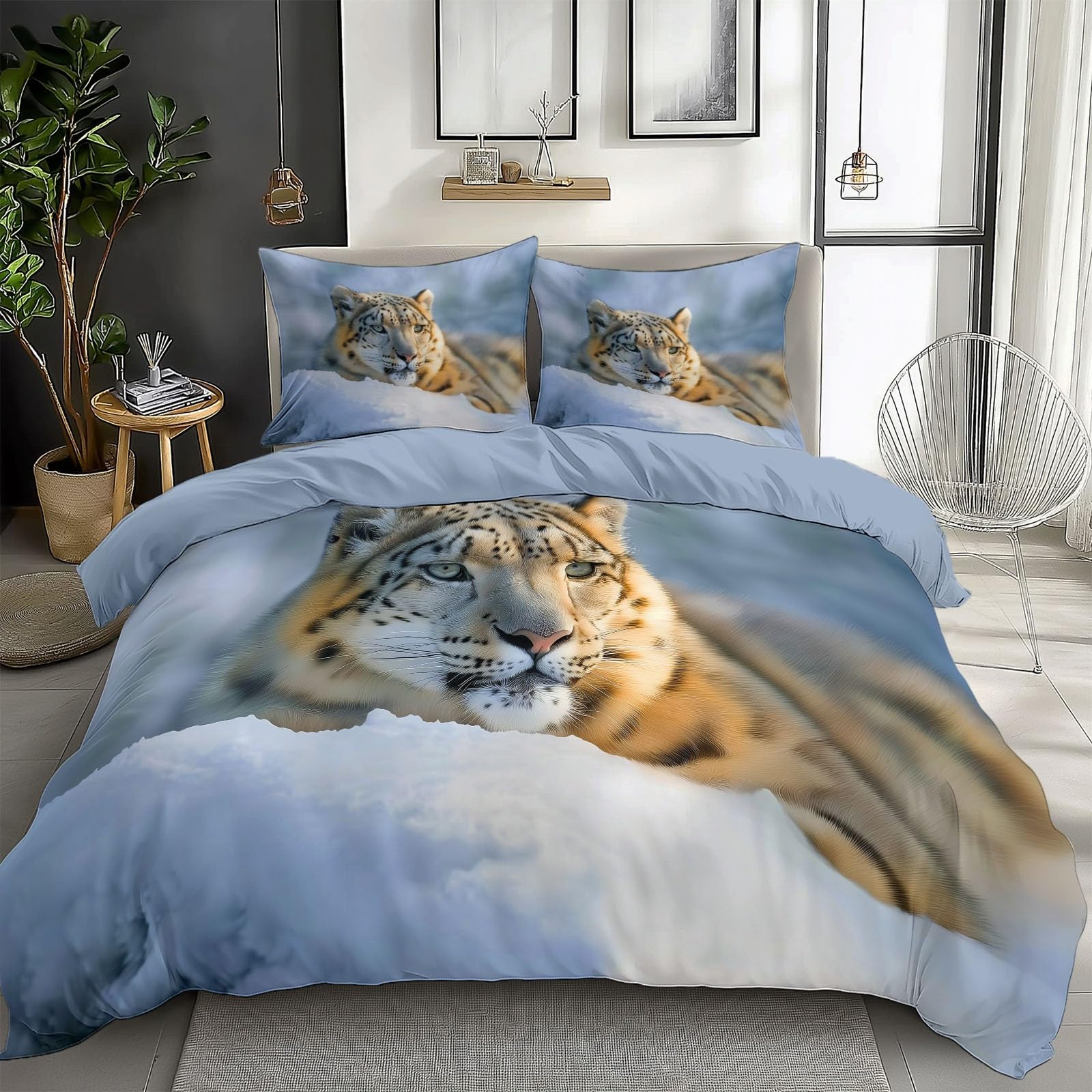 Housse de couette panthère des neiges 140x200 cm avec sa taie d'oreiller 65x65 pour lit 1 personne