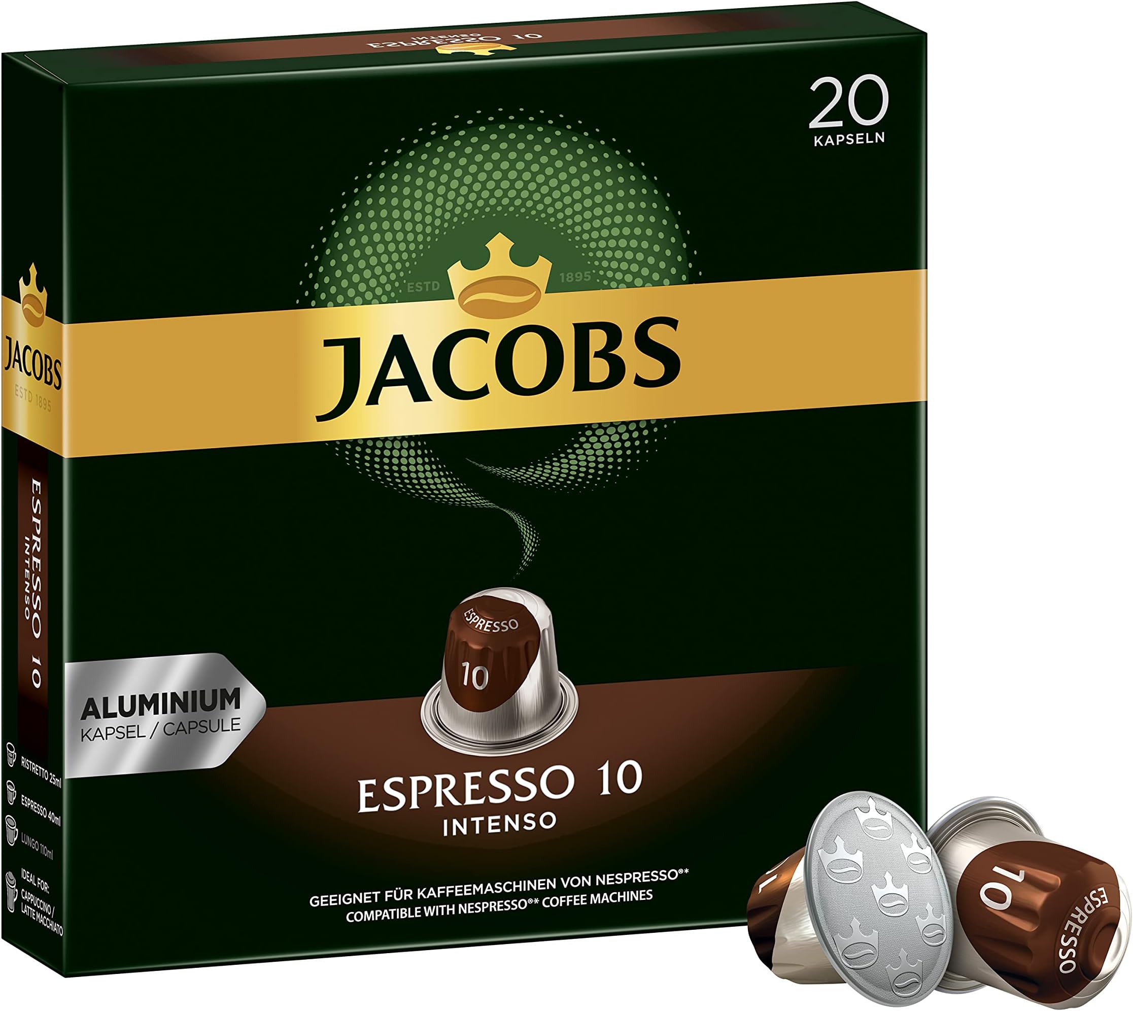 Espresso 10 Intenso Coffee Capsules Compatible with Nespresso 20 Capsules 5.2 g