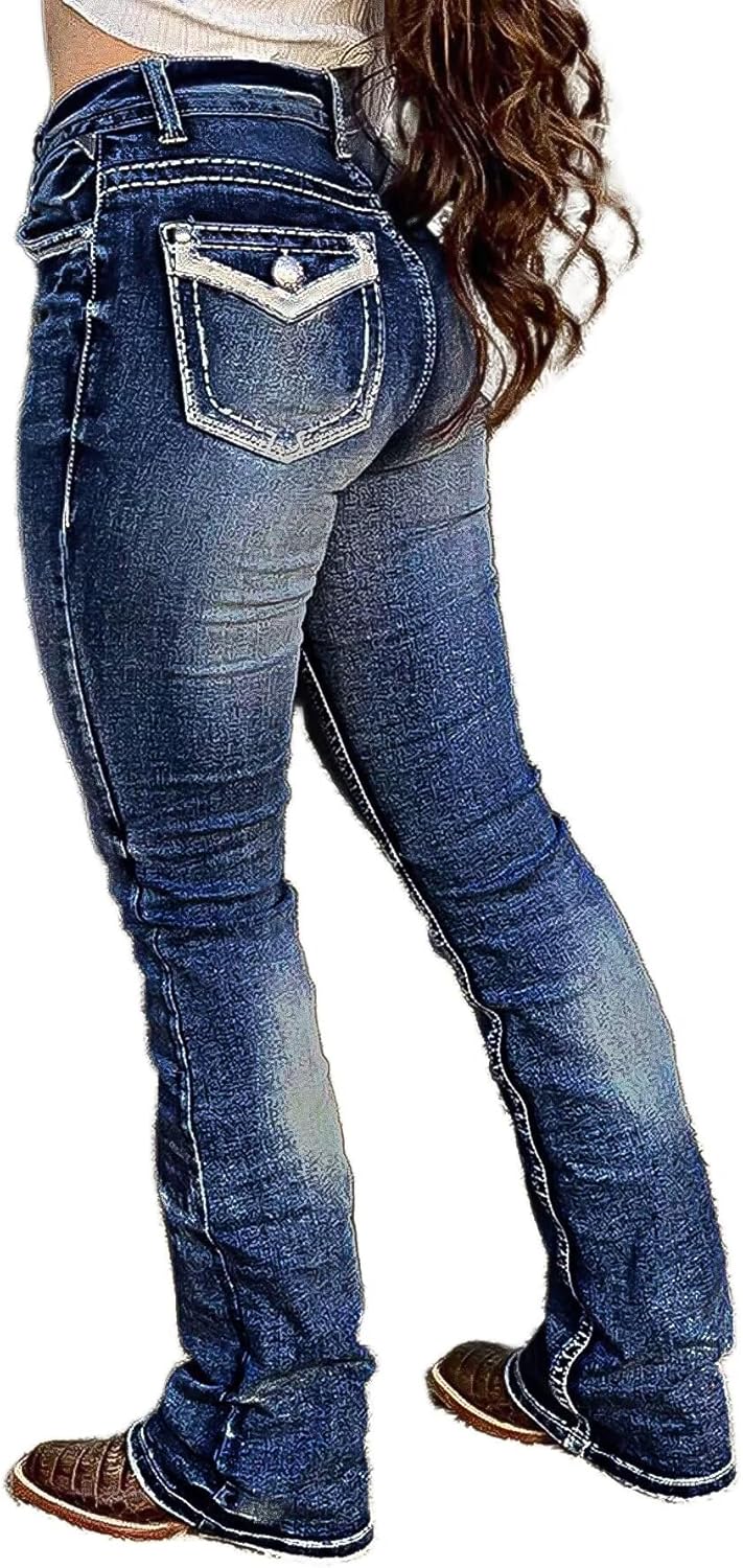 Flamingals Boot Cut Jeans for Women Trendy Stretch Jeans Butt Lifting Tummy Control Denim Pants Sea Blue 2XL