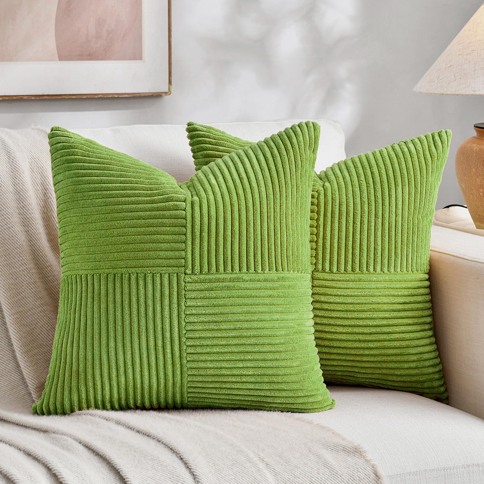 FDTERN Decorative Throw Pillow Covers 18 x 18 Inch for Living Room Couch Bed, Rustic Farmhouse Boho Home Decor, Soft Striped Corduroy Accent Cushion Case, 45 x 45 cm (Pack of 2), Lime Green โ image 1