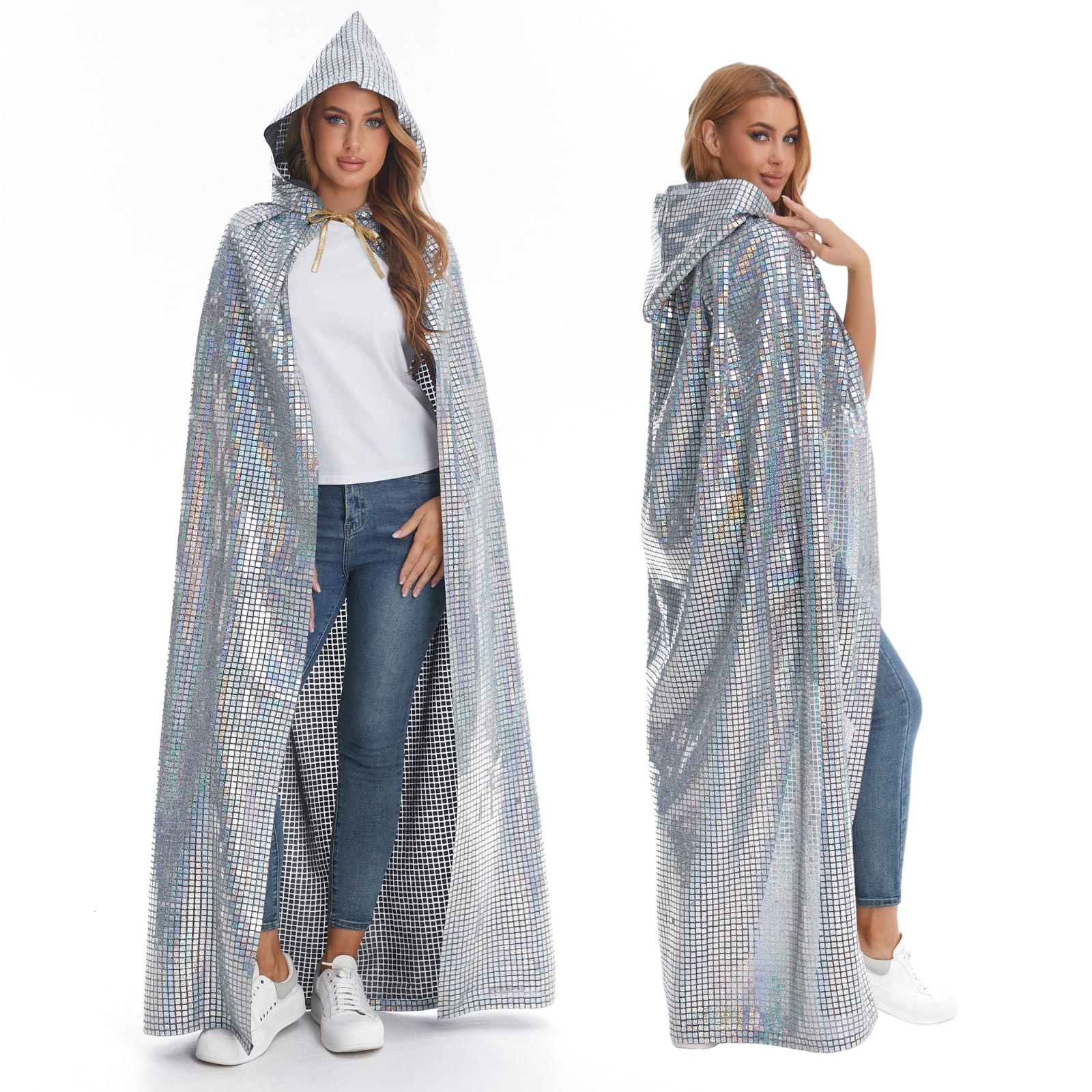Full Length Sequin Cape Bling Bling Adult Glitter Cloak 1970's Abba Costumes for Halloween Christmas Mardi Gras Carnival Mama Mia Retro Party (Sliver Square
