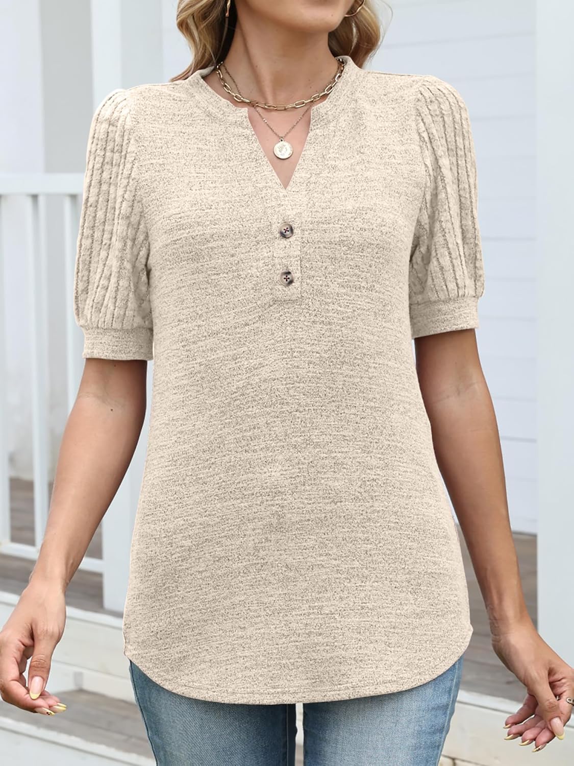 ANRABESS Women's Tops Puff Short Sleeve Henley Shirt Dressy Casual Blouses Summer Sweater 2026 Spring Business Cute Tunics - Image 3