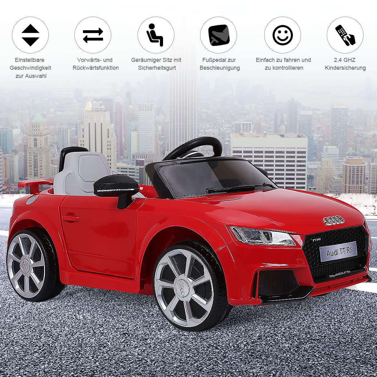 COSTWAY 12V Audi Kinderauto mit 2,4G-Fernbedienung, 3 Gang Elektroauto 2,5-5km/h mit MP3, Hupe, Musik und LED-Leuchten, Kinderfahrzeug für Kinder von 3-8 Jahren (Rot)