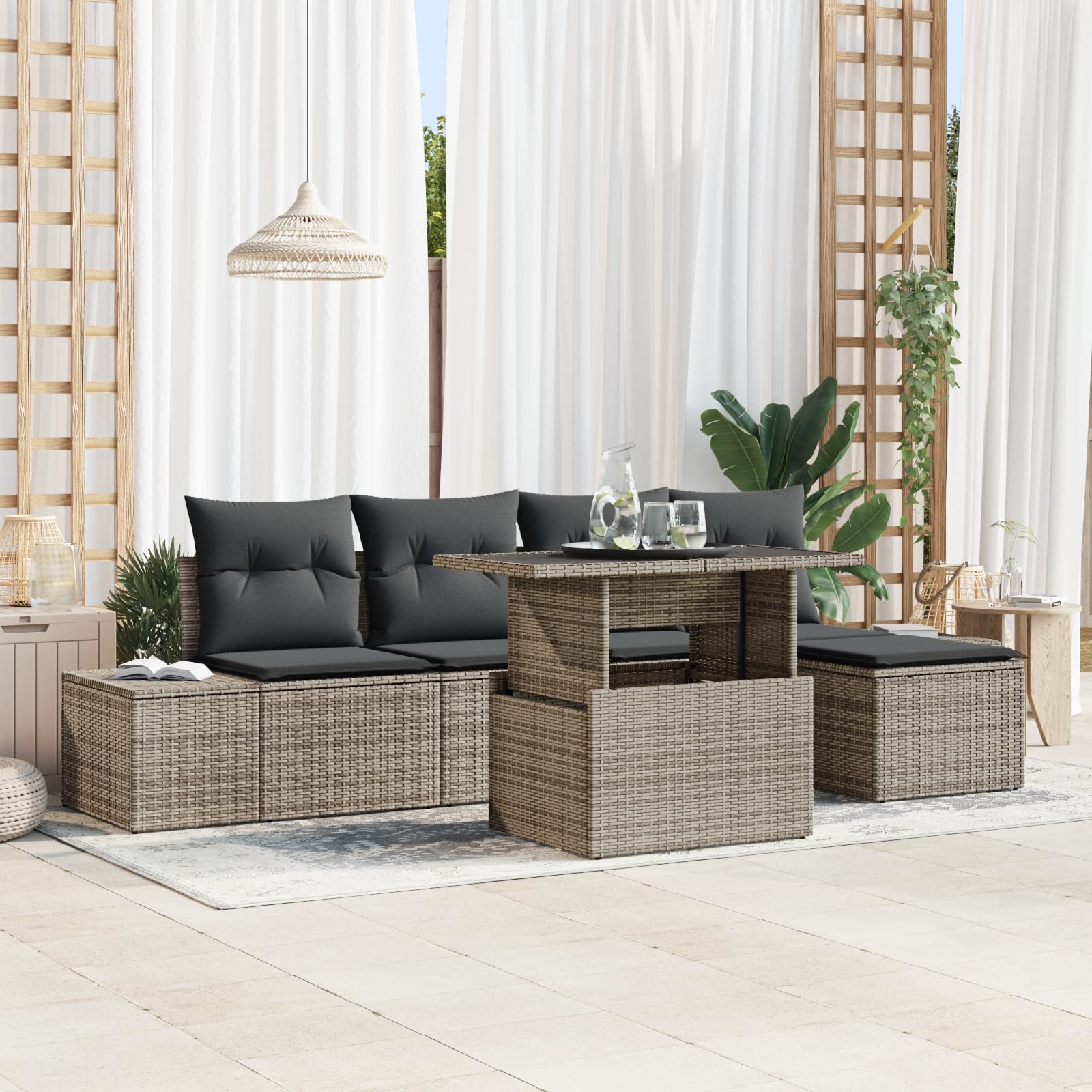 Juego de 6 sofás de jardín con cojines, color gris, polirratán, resistente a la intemperie, sofá de jardín modular