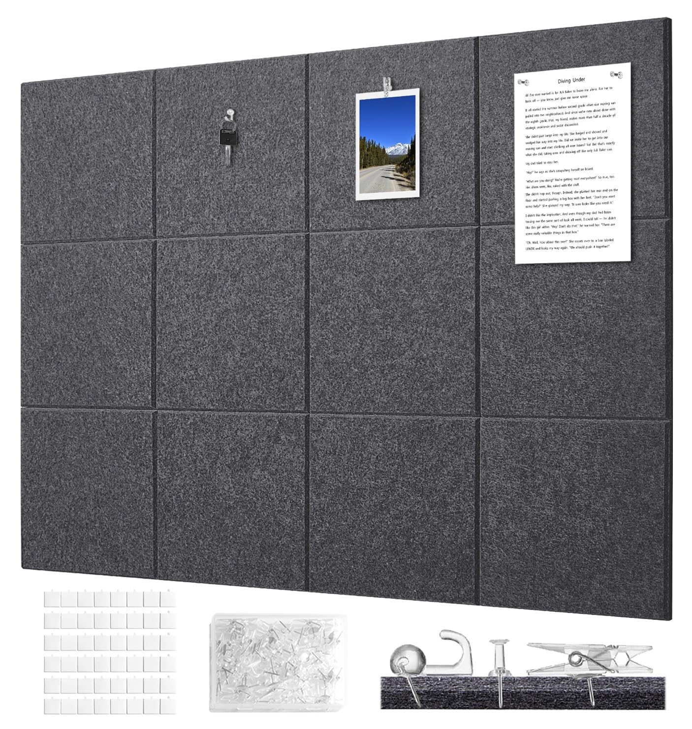 G Gamit Felt Bulletin Board Wall Tiles Large Cork Board Alternative 12 Pack 11.81”x11.81”x0.47” Felt Pin Board Tack Board with Safe Removable Adhesive Tabs for Home Office School 48x36(Charcoal Grey)