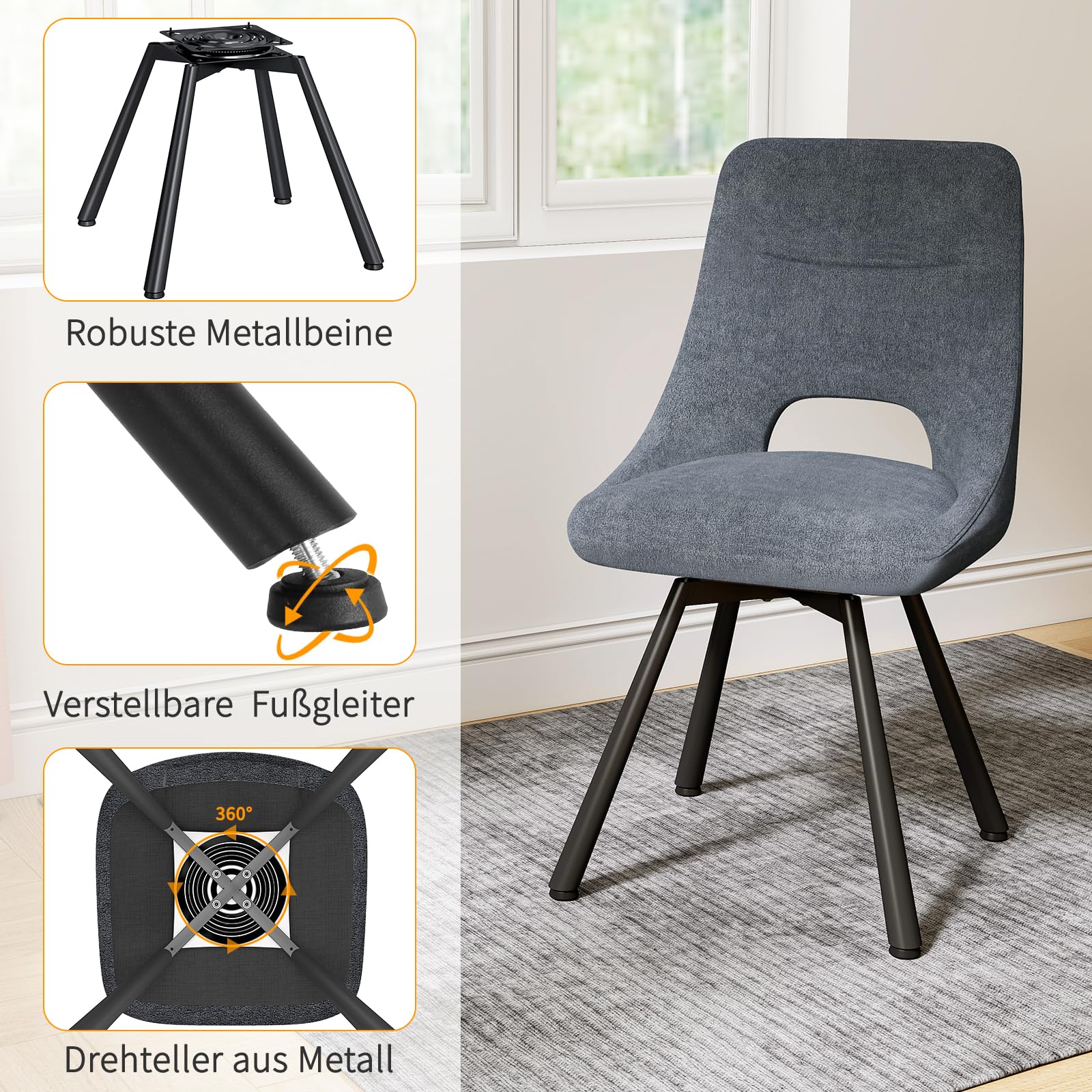 WAFTING Esszimmerstühle Drehbar 6er Set, 360° Drehbare Stuhl, 48 cm Breite Sitzfläche, Gepolsterte Küchenstühle mit Durchbrochene Rückenlehne, für Esszimmer, Küche, Wohnzimmer und Cafés, Dunkelgrau