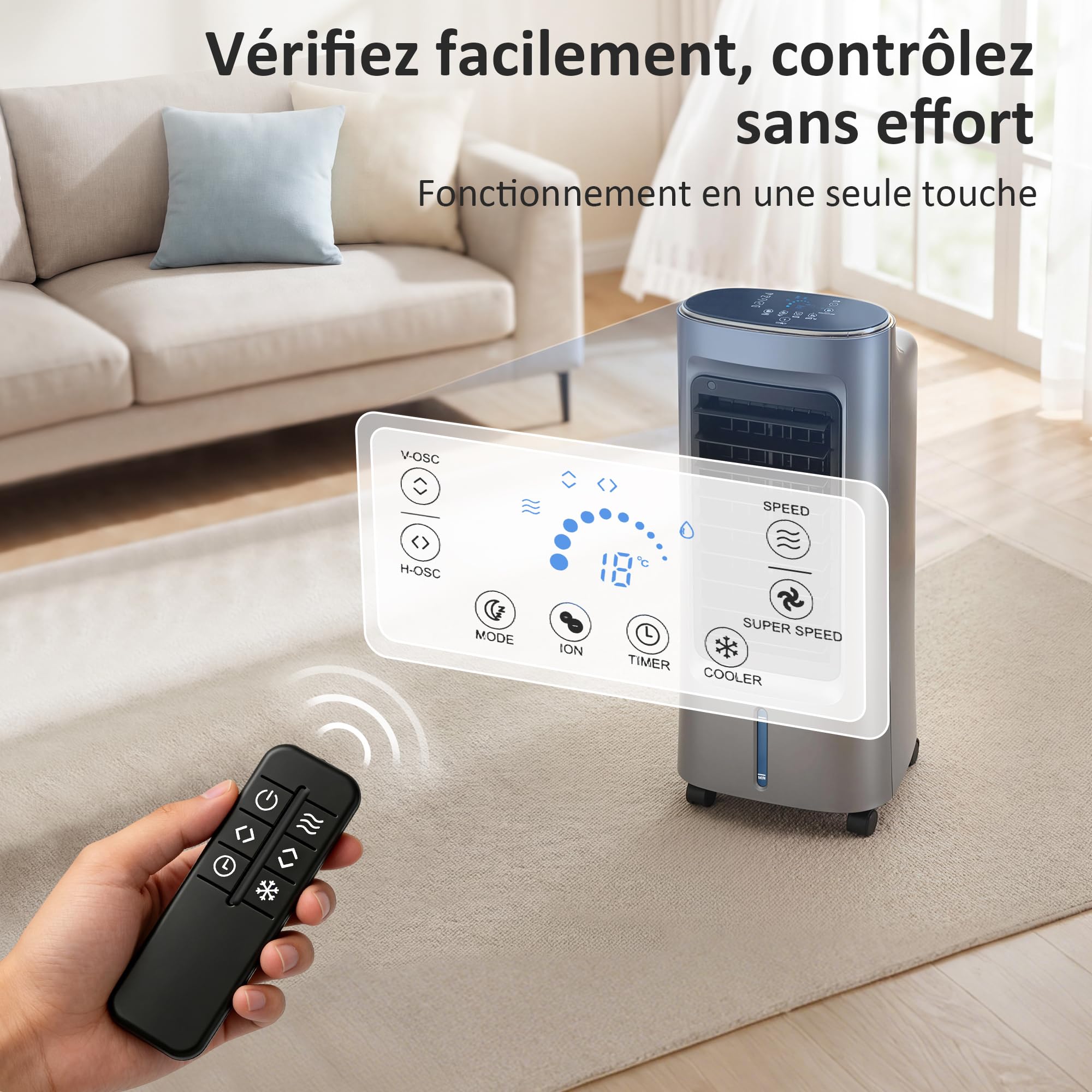 HOMCOM Refroidisseur d'air mobile 4 en 1 humidificateur, purificateur et ventilateur, oscillation 90°, 3 vitesses, 3 modes, réservoir d'eau 6L, packs de glace, télécommande, pour chambre bureau, gris