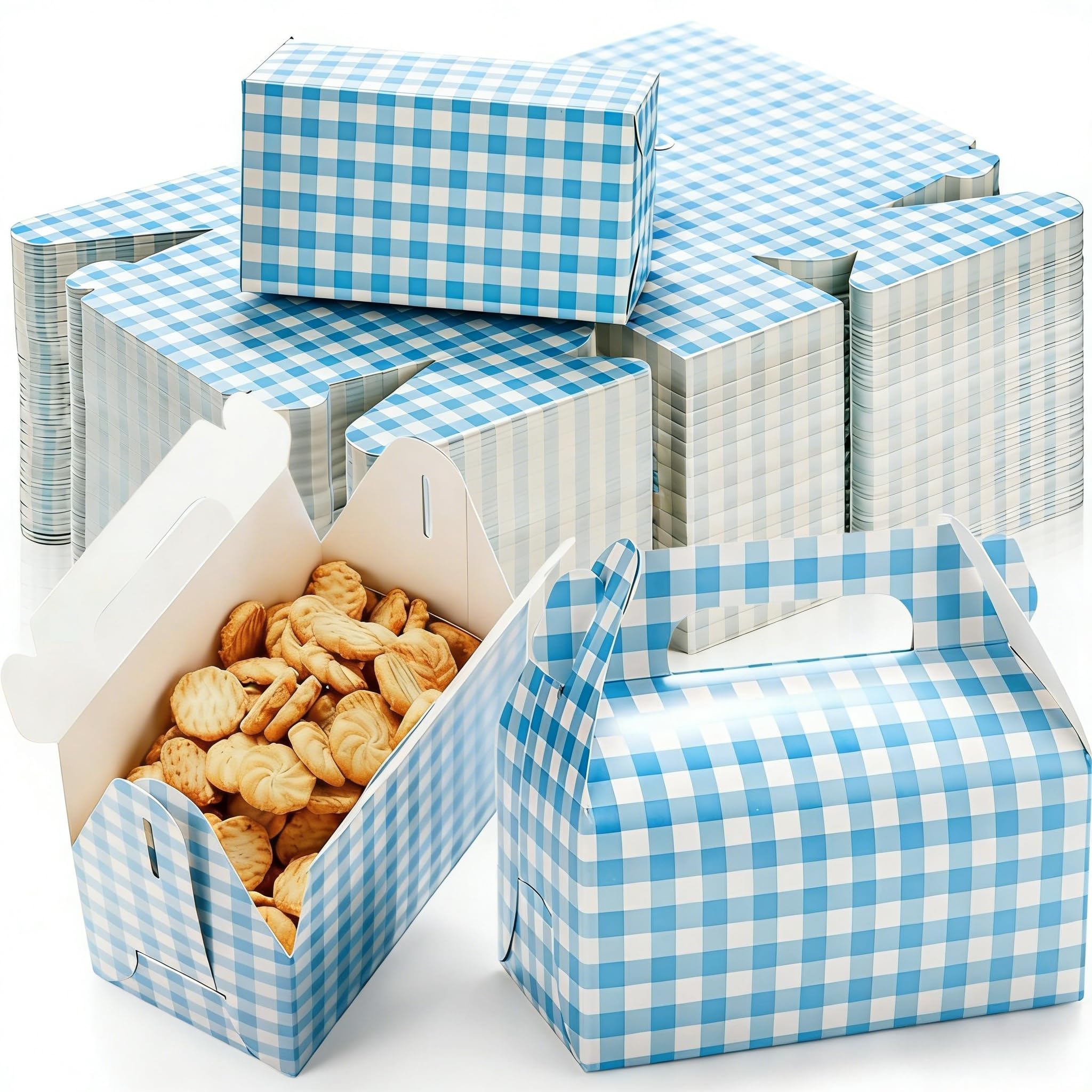 Goaste 50 Pack Gable Treat Boxes, Party Favor Goodies Box, Cardboard Candy Cake Gift Box with Handle, Present Snake Goody Bag for Christmas Halloween Birthday Baby Shower Wedding, 6.5 x 3.5 x 4.5 Inch