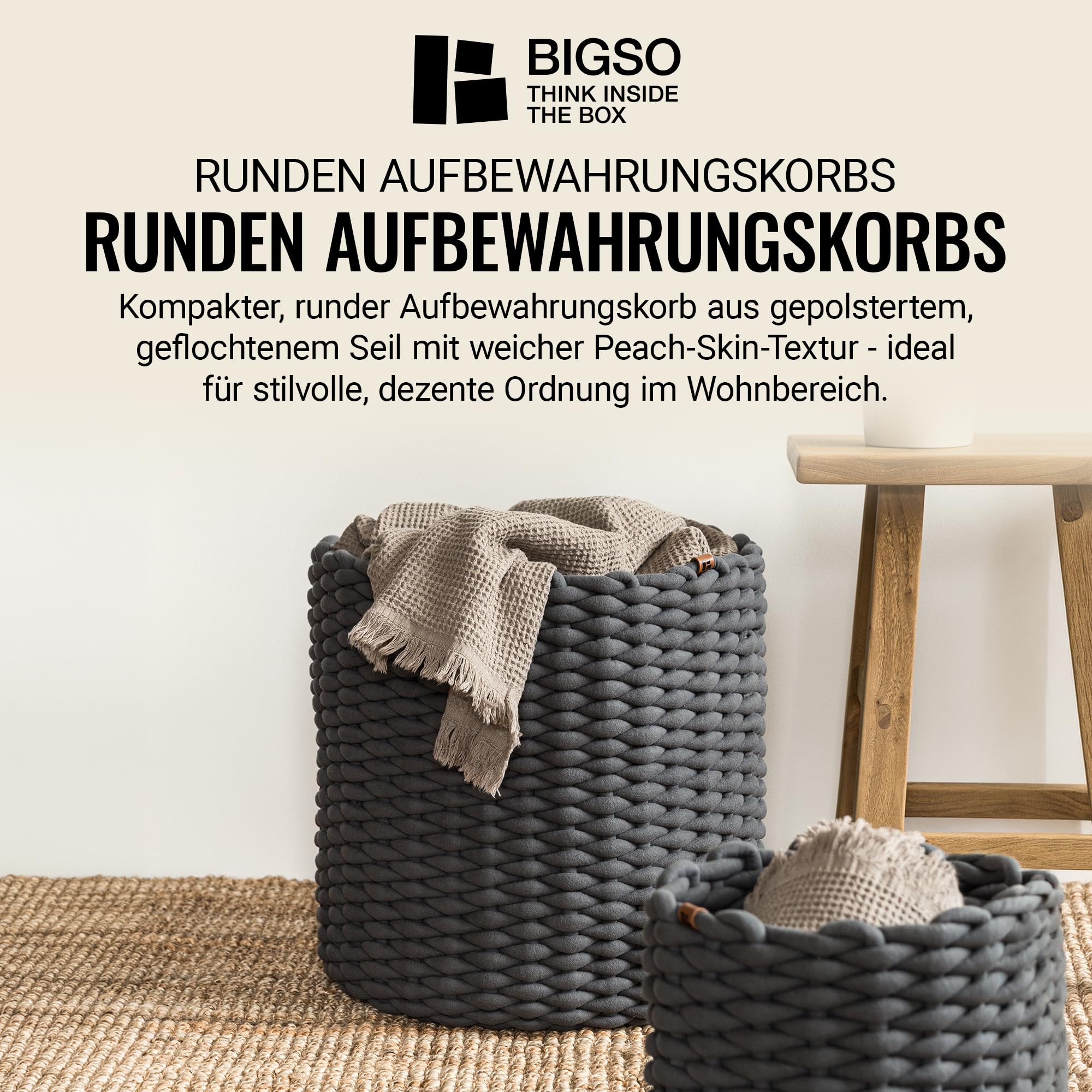 Bigso runder Aufbewahrungskorb aus weichem Stoff, geflochtener Storage Basket, super soft Oberfläche, großer Ordnungshelfer für Wohnzimmer, Schlafzimmer & Kinderzimmer, Größe XL, Grau
