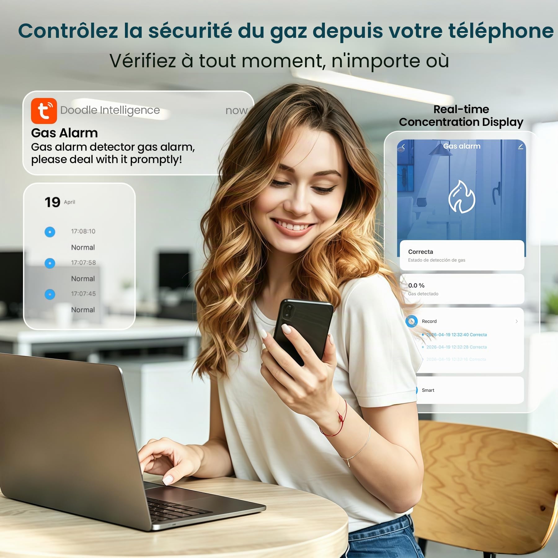 BoundlessBrothers Détecteur de Gaz WiFi, Alarme Cuisine en 50194, Compatible Tuya Smart 2.4GHz, Capteur de Fuite pour Gaz Naturel, Méthane, Propane, Butane, GPL