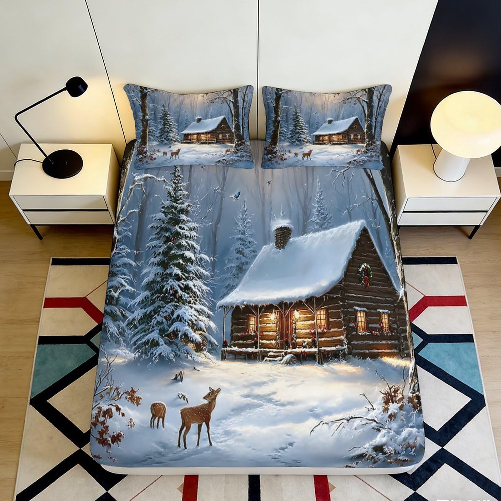 3D Printed Winter Cabin Fitted Sheet Microfiber Snowy Forest Mattress Cover for Bedroom Guest Room Decor, Anti-Slip Washable 160x200x25cm