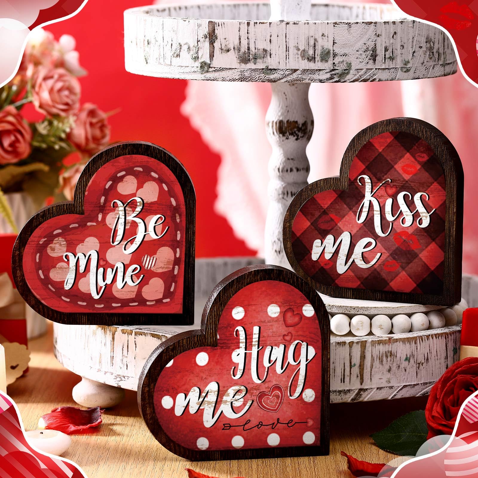 3 letreros de decoración de mesa de San Valentín, bandeja escalonada para el día de San Valentín, bloques de amor de madera, abrazos, besos, madera, independiente, decoración para el día de