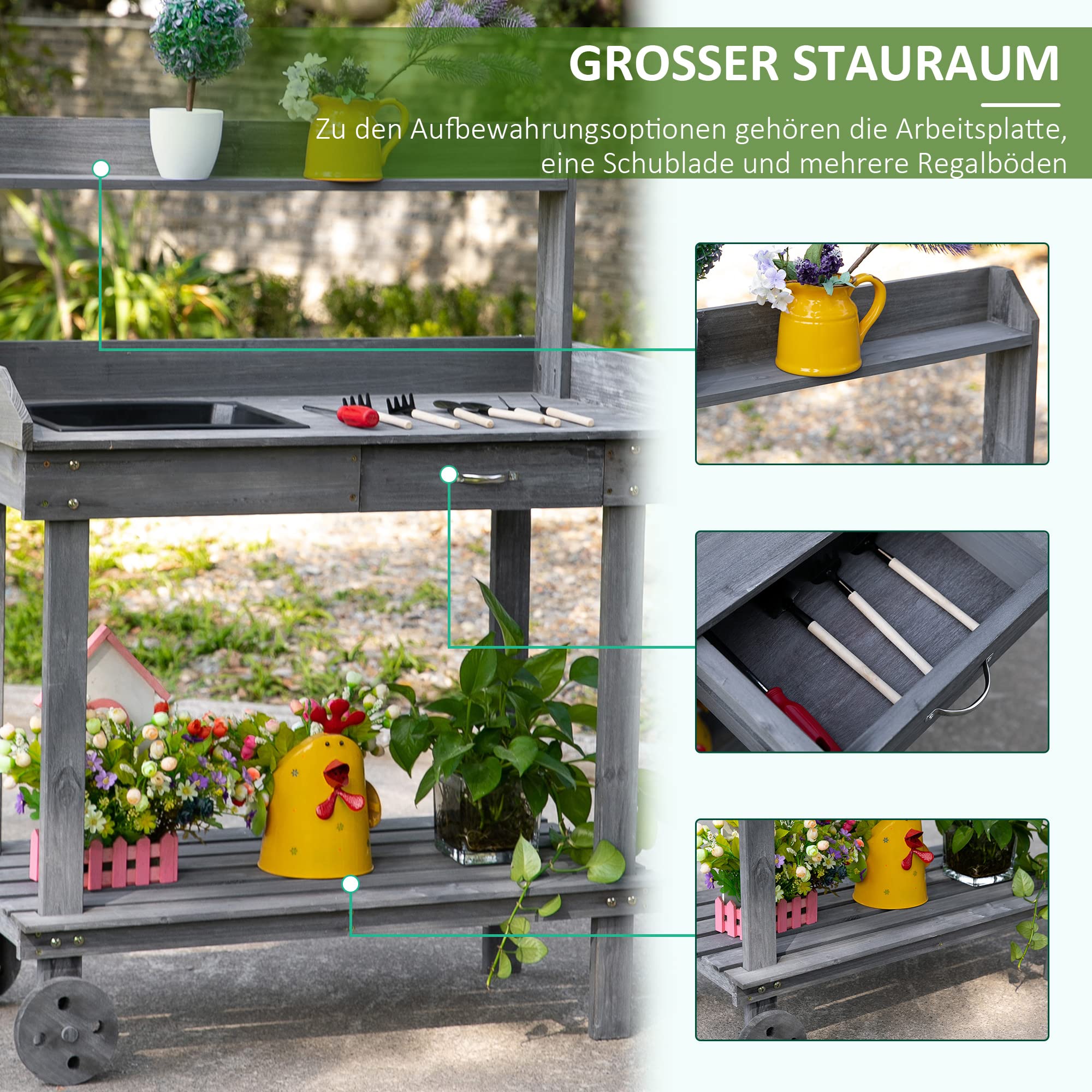 Outsunny Mesa de jardín con cajón de 2 Niveles, con Lavabo y Ruedas, Madera de Abeto Gris, 92 x 45 x 119 cm