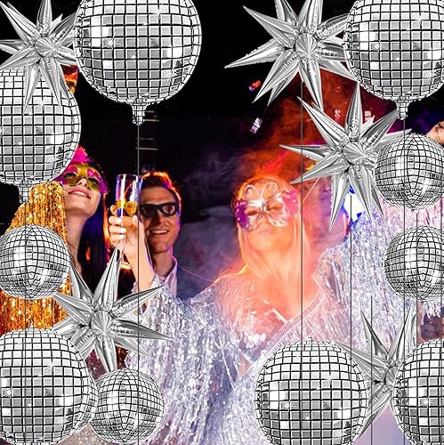 Miniatura 6 de 24 globos de bola de discoteca con 3 cortinas de flecos de aluminio, enormes globos plateados de papel de aluminio con estrella de explosión para