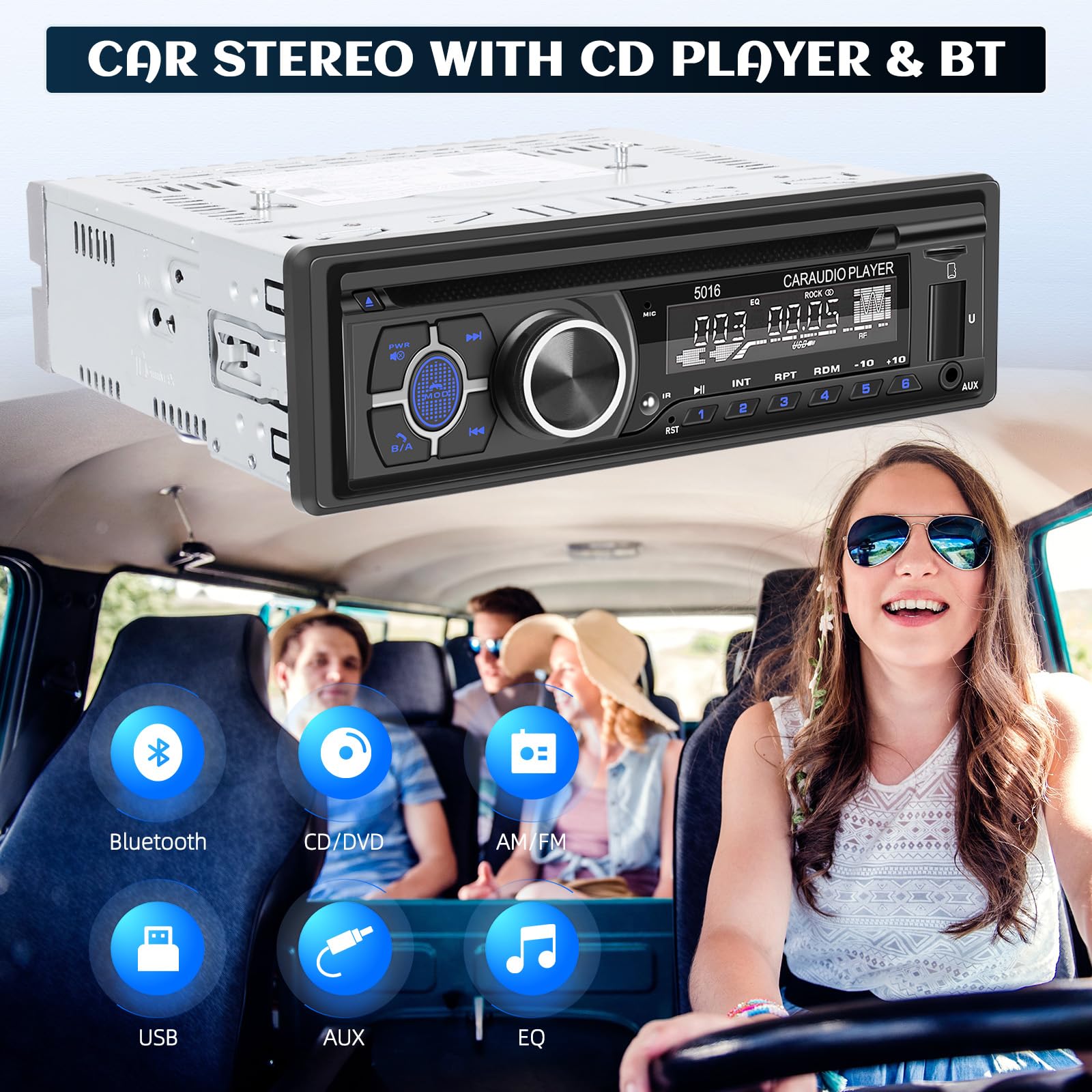 CAMECHO 1Din Autoradio mit CD DVD Player, Radio mit CD Player mit Bluetooth 5.1 Freisprechfunktion, Audio Empfänger mit AM/FM Radio, EQ, Smart Sync App, USB/TF/ MP3 Player/AUX in