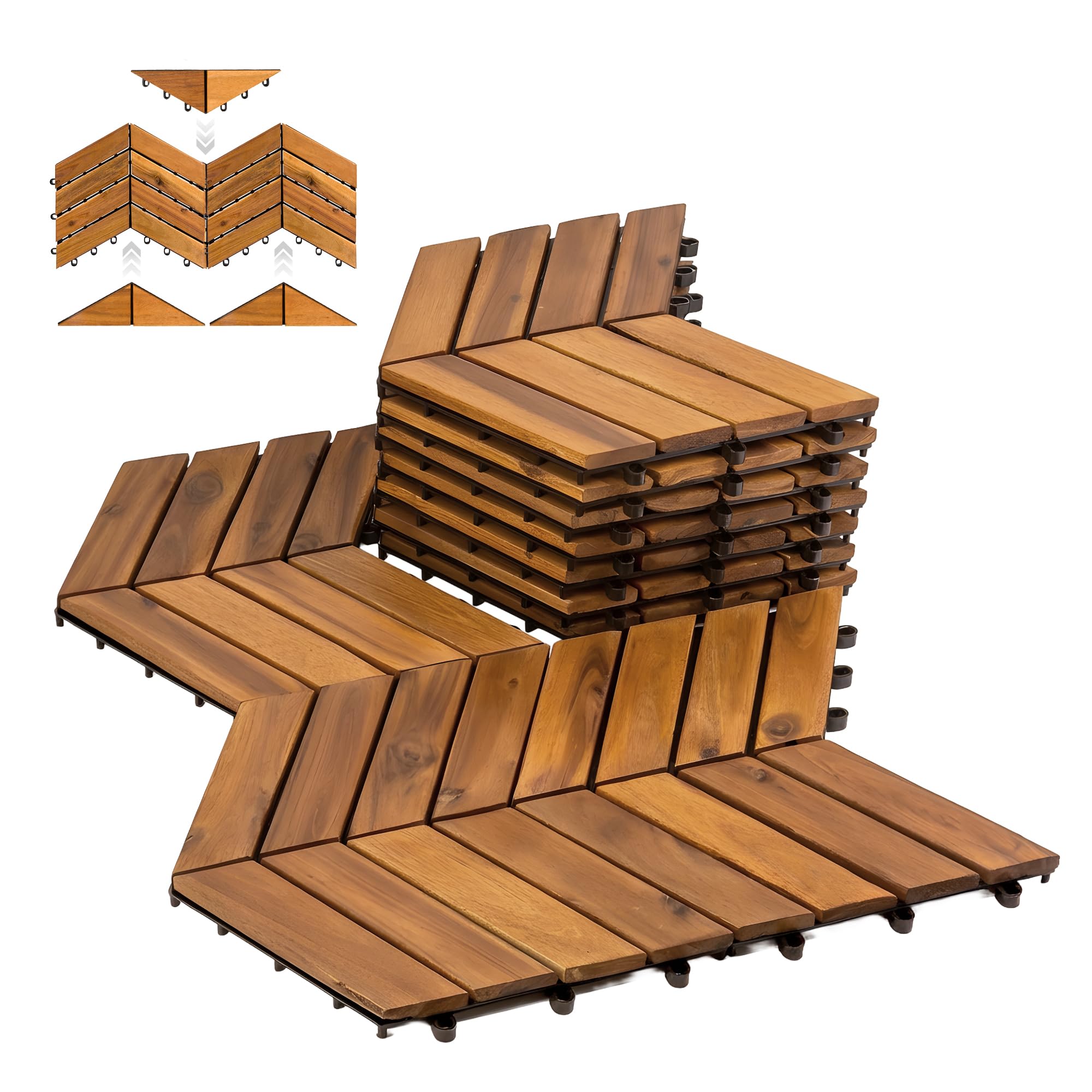 Piastrelle ad incastro 30,5 x 22,9 cm, a spina di pesce, 6 mq, in legno di acacia antiscivolo, per esterni, patio, terrazza, portico e balcone, facili da installare (confezione da 8)