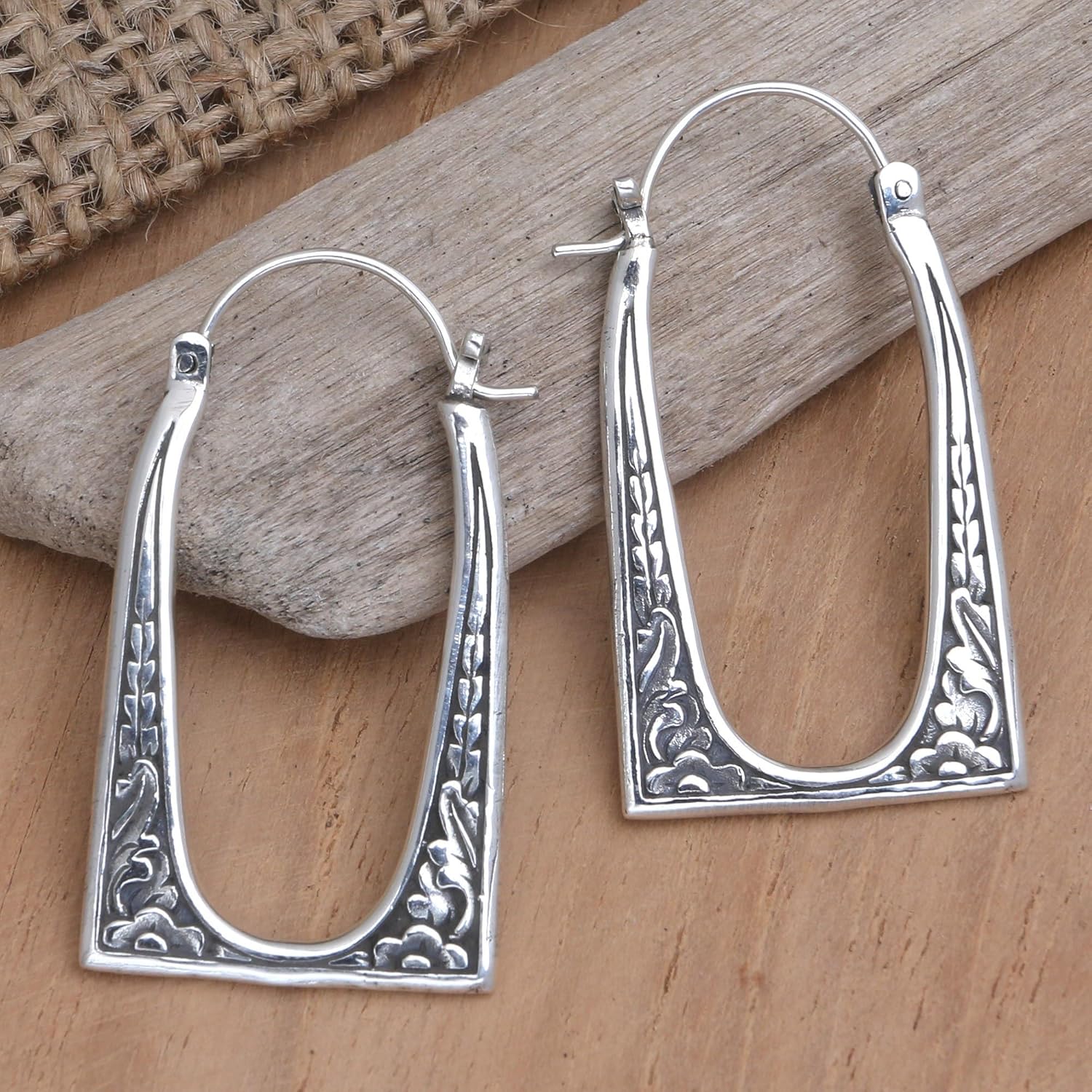 NOVICA Handmade .925 Sterling Silver Hoop Earrings Saddleback from Bali Indonesia [ 1.6 in L x 0.9 in W x 0.1 in D] 'Lovely Arrival'