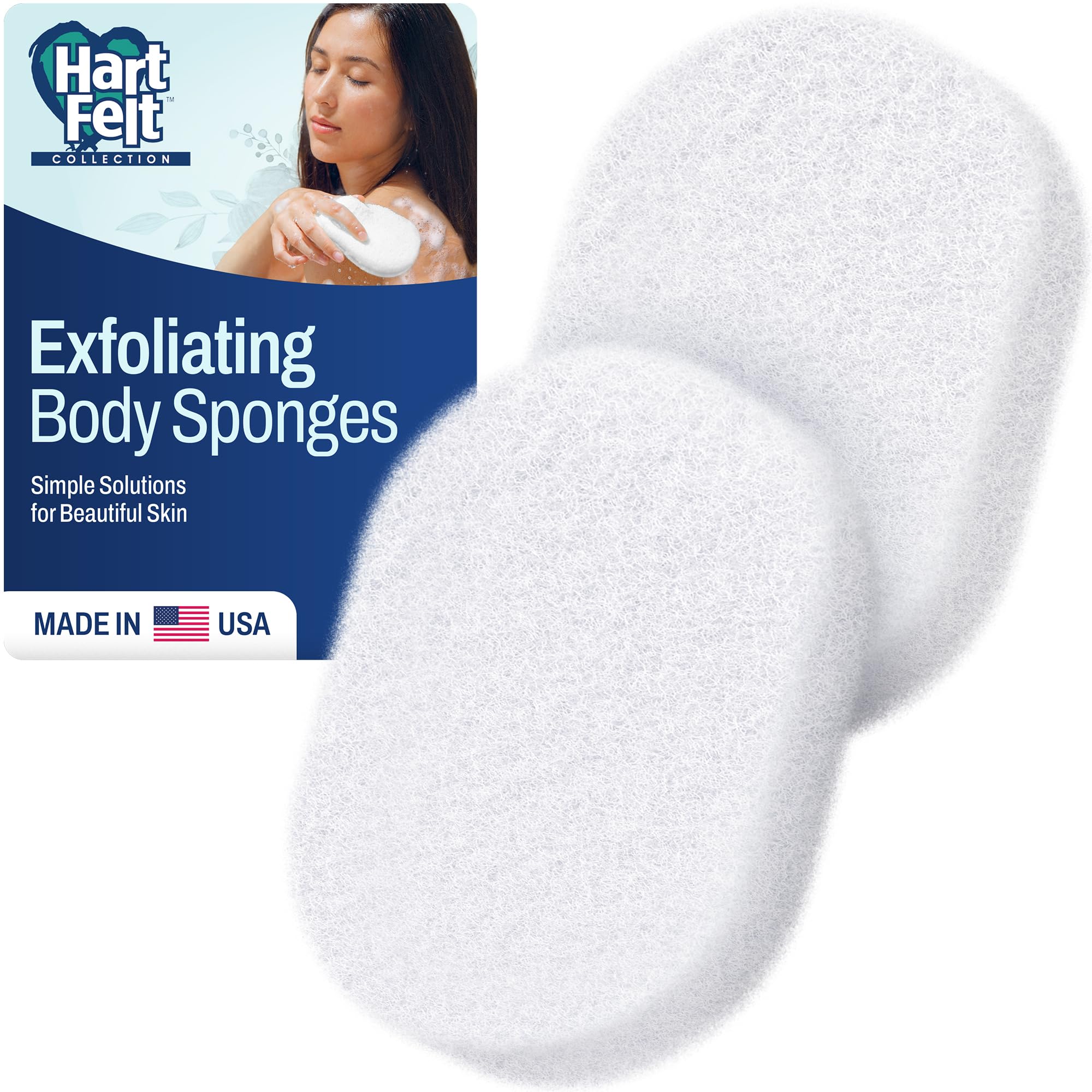 HartFelt Bath Sponges for Shower Women & Men | Soft Exfoliating Body Sponge for Dead Skin | Chemical-Free Sponges for Body | Cleanses Skin from Dirt & Excess Oil | Made in USA - Pack of 2