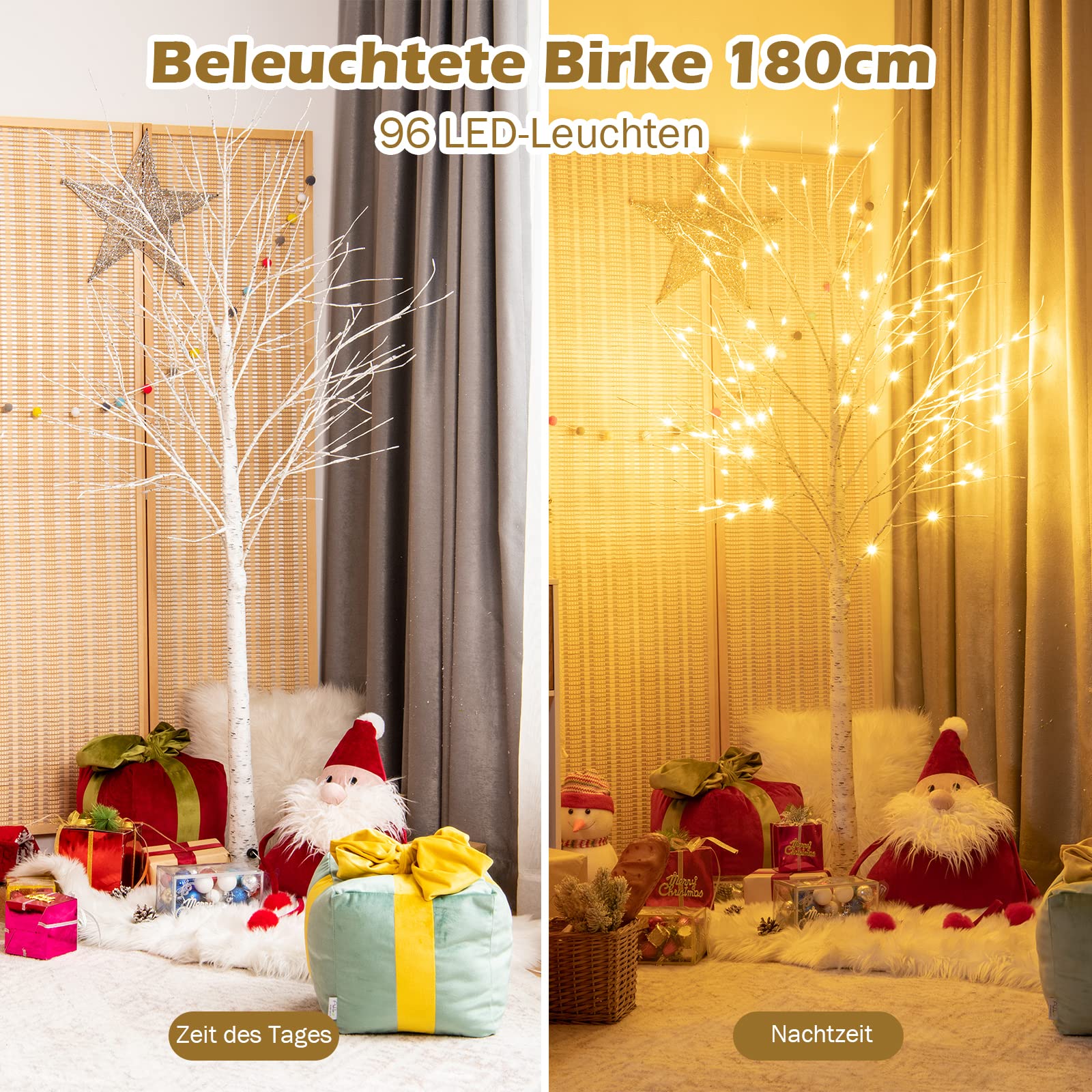 COSTWAY 180cm LED Lichterbaum, Birkenbaum mit warmweißen LED-Leuchten, künstlicher Weihnachtsbaum, Tannenbaum, Christbaum, Kunstbaum, Dekobaum