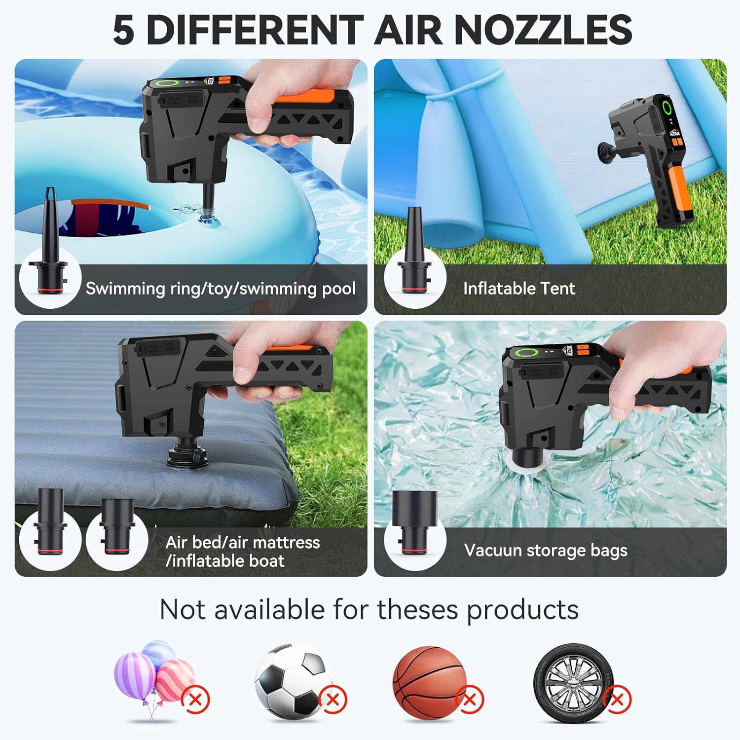 Various air nozzles and examples of inflatables the ACEZUK M04-US can inflate/deflate