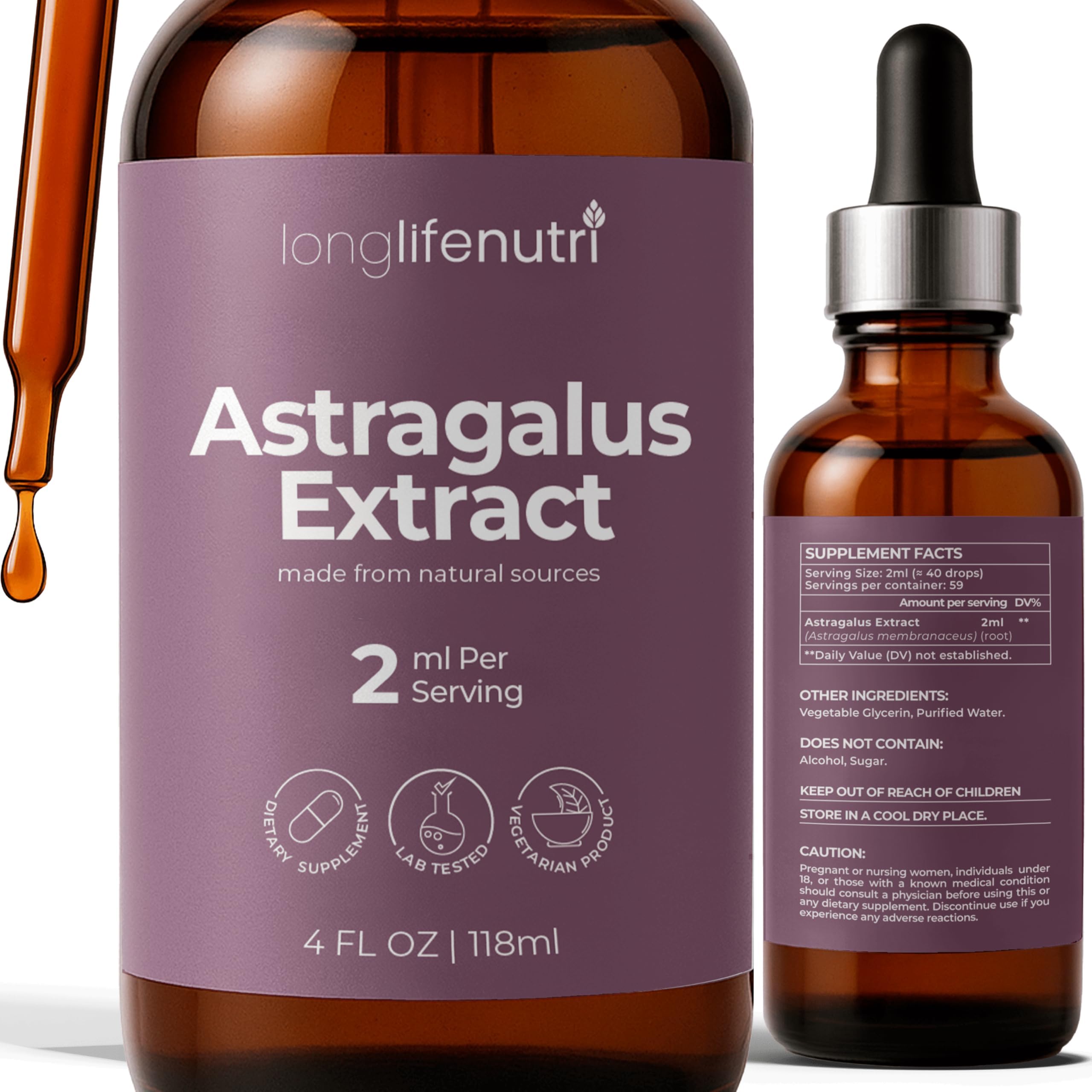- LongLifeNutri Astragalus Extract Liquid Drops - Derived from Astragalus Membranaceus, 4 FL OZ, Organic Supplement for Energy & Vitality, Sugar-Free, GMP Certified