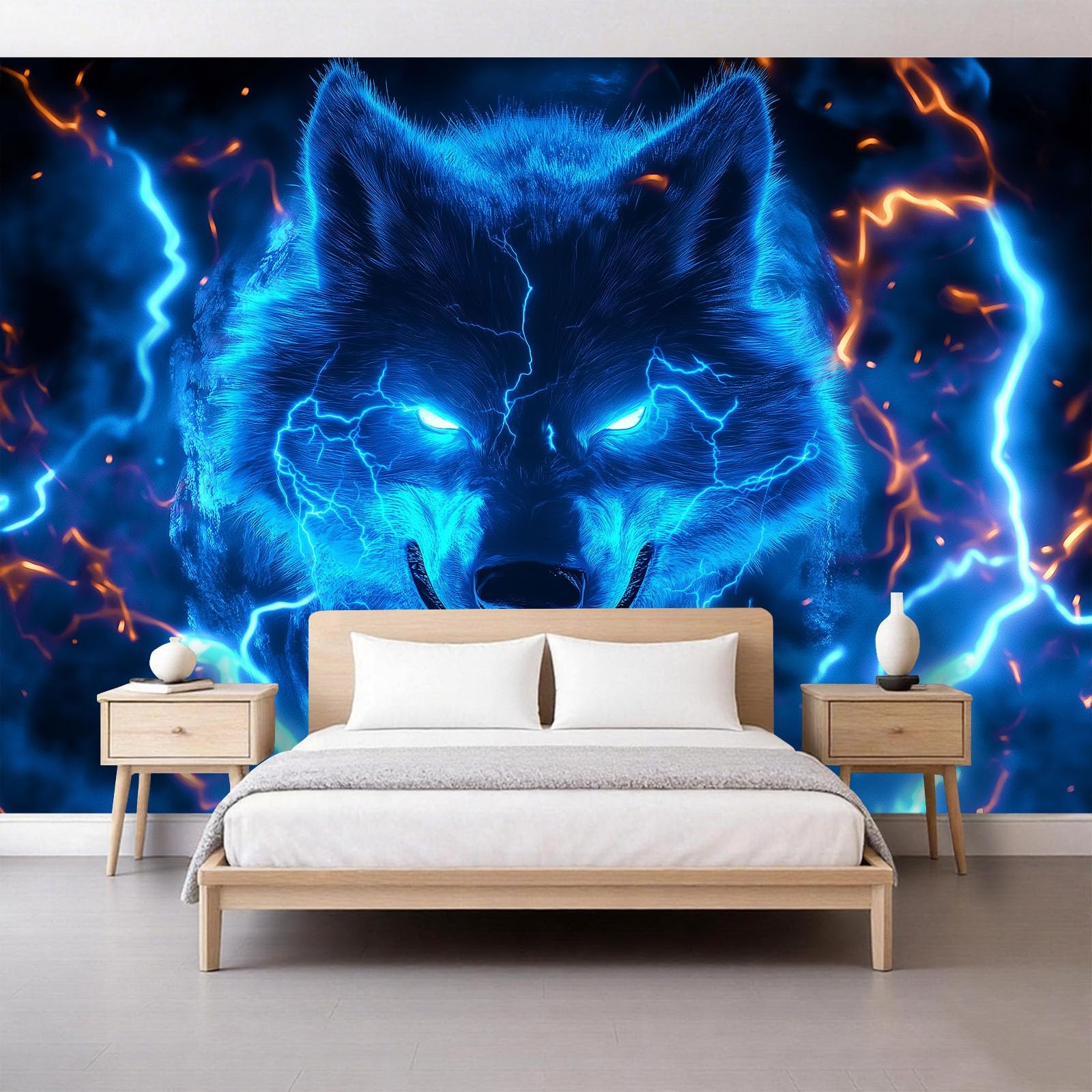 Générique Panoramiczna tapeta 3D 250 x 175 cm nieryczne zwierzęta wilk świecące tapety z włókniny, plakat ścienny do salonu, dekoracji pokoju dziecięcego, łatwy montaż, niebieska