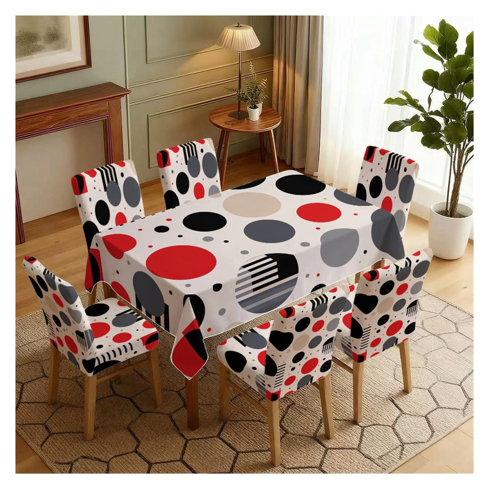 KXUAUV Geometric Circle Print Stretch Dining Chair Covers Tablecloth Set, For Kitchen Dining Living Room Modern Minimalist Decor, 5/7 Pack Party Decor(7pcs Set: Tablecloth+Chair Covers)