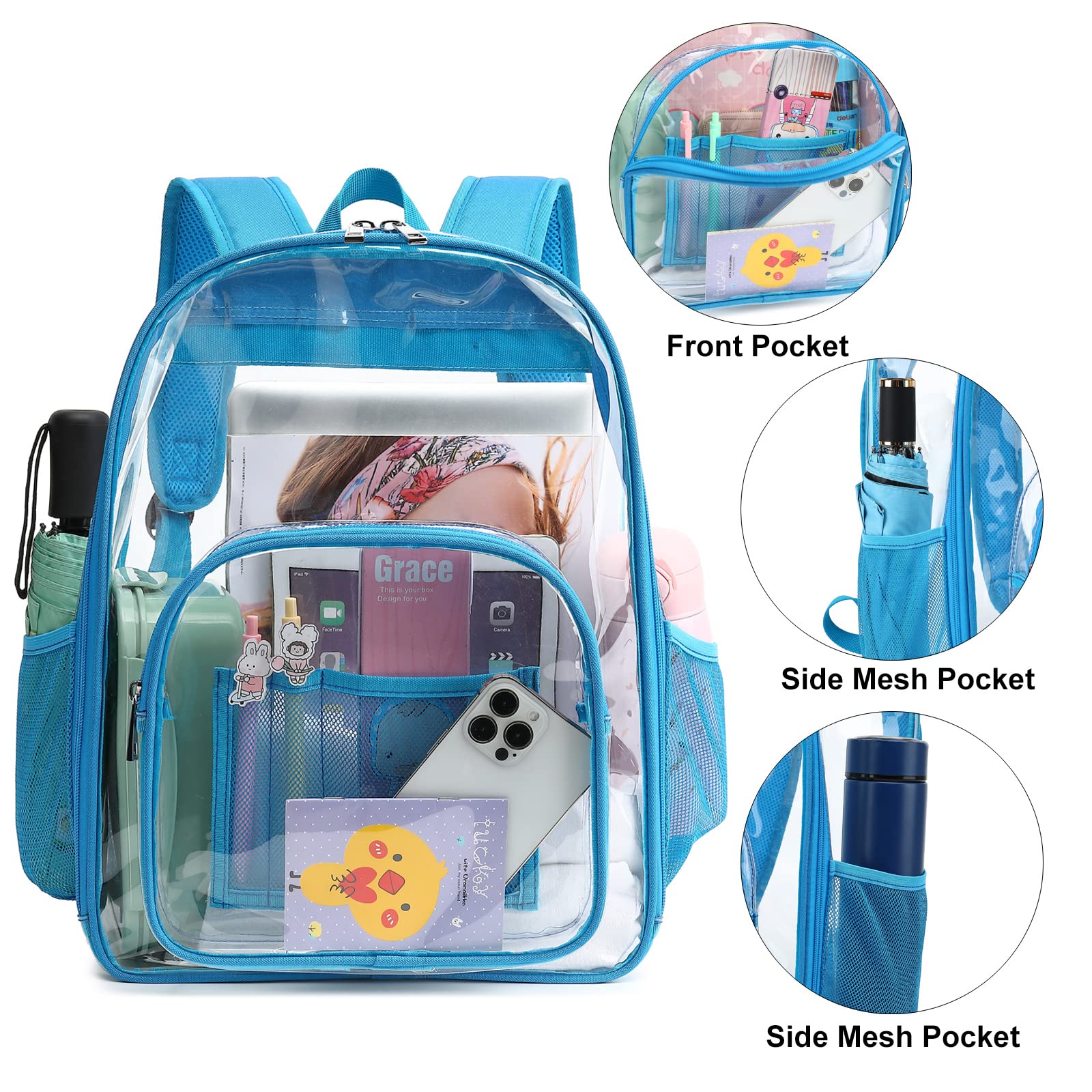 Kouxunt Clear Backpack Men Women Heavy Duty PVC Plastic Transparent School Backpack See Through Bookbags for Teen Girls Boys (Peacock Blue)