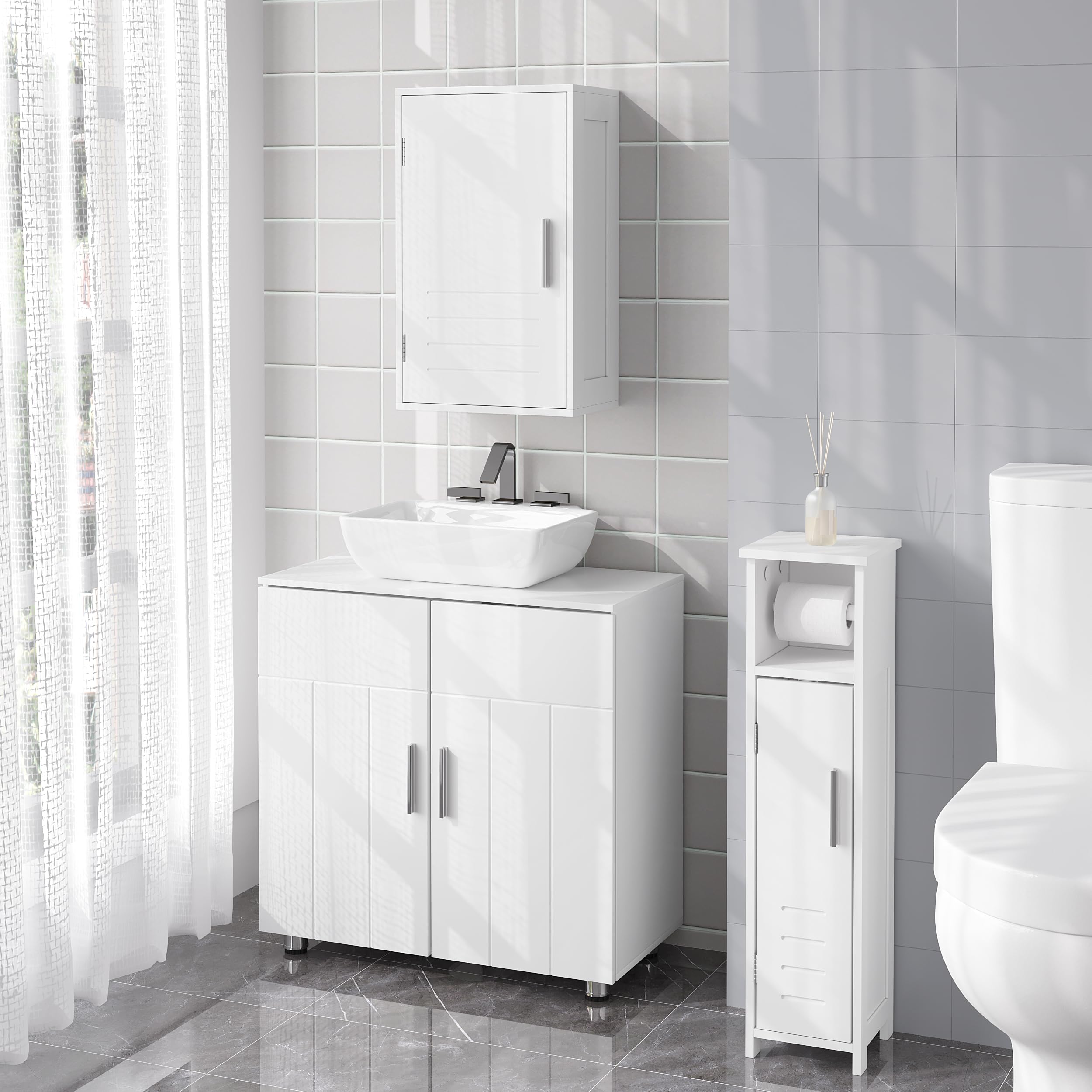 EUGAD Armoire Murale Salle de Bain, Armoire de Toilette, avec 1 Porte, Étagère Réglable, en MDF, Blanc, 30x18,5x50 cm