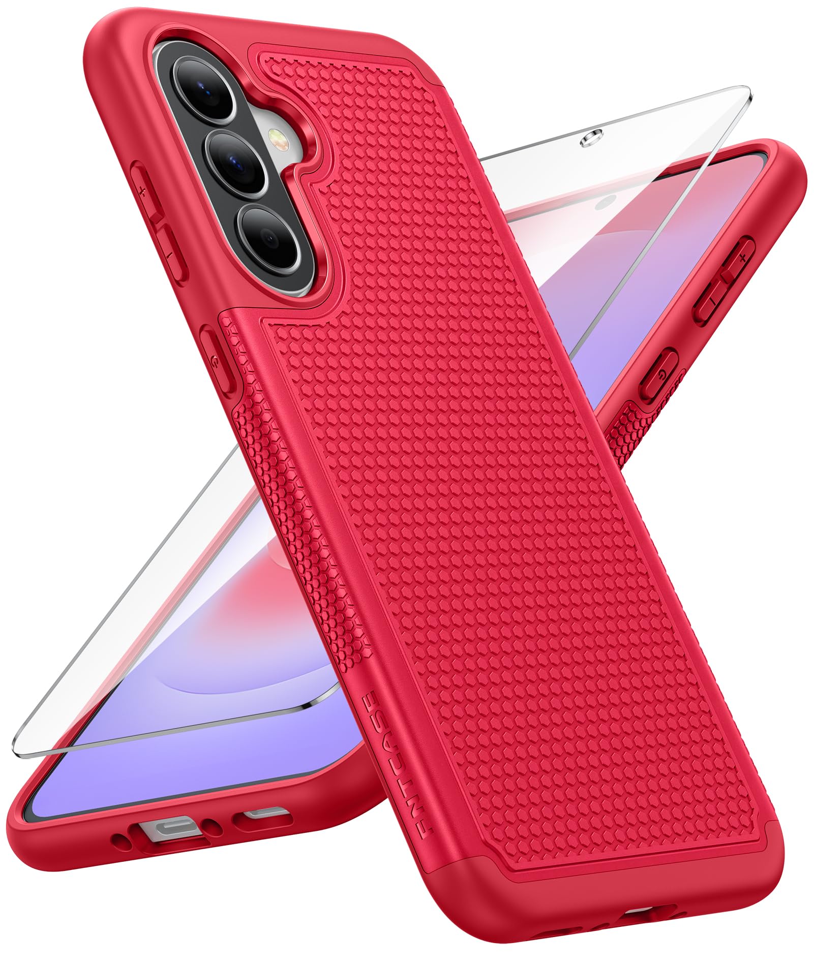 FNTCASE for Galaxy A37-5G Phone Case: Dual Layer Samsung A37 5G Cover Red | Non Slip Matte Textured Protective Cases With Screen Protector, Military Grade Shockproof Drop Protection, Daily Use, Red