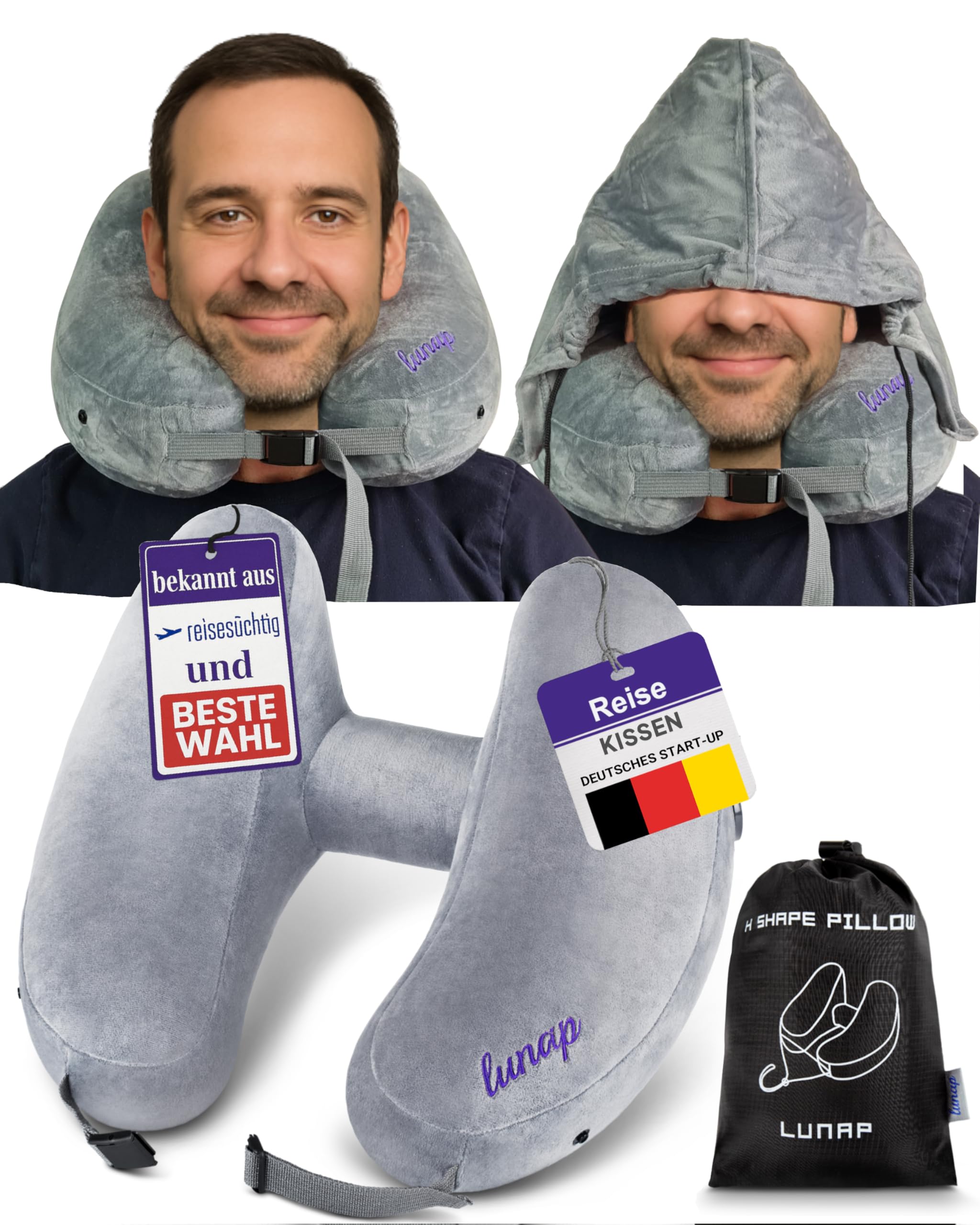 lunap Nackenkissen Flugzeug aufblasbar GRÖßE L Nackenkissen Aufblasbar mit Kapuze | Nackenhörnchen Erwachsene Grau | Reisekissen zum aufblasen | Neck Pillow | Reisekissen Flugzeug Kissen