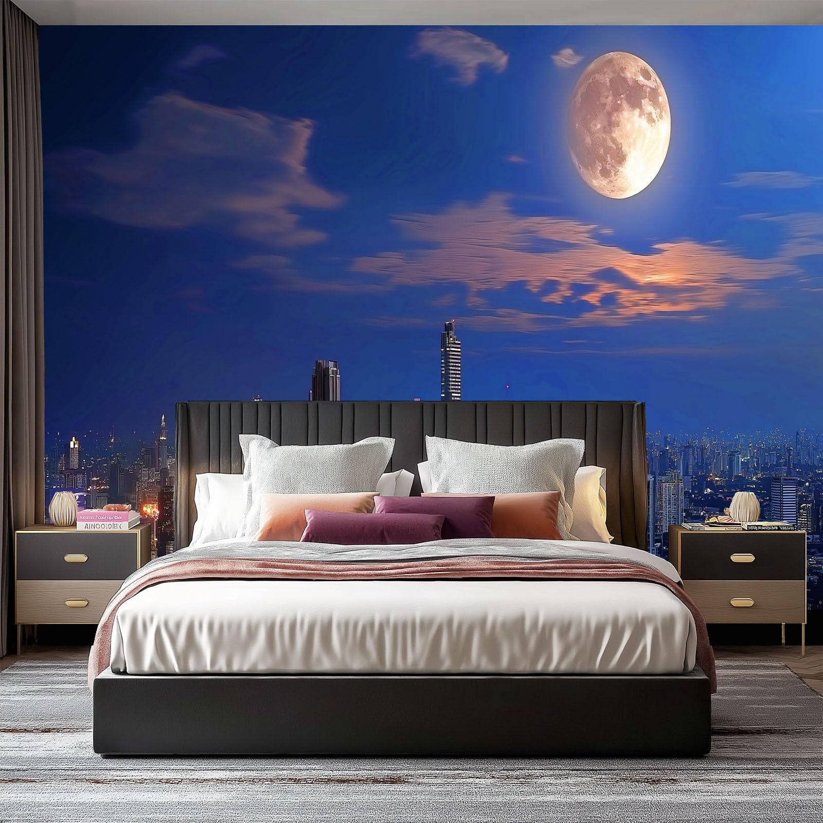 Tapeta dla dzieci Architektura miasta Mural Księżyc Chmury 350 X 256 Cmnon tkanina ścienna dla chłopców dziewcząt - nowoczesna niebieska dekoracja ścienna do mebli sypialni salonu