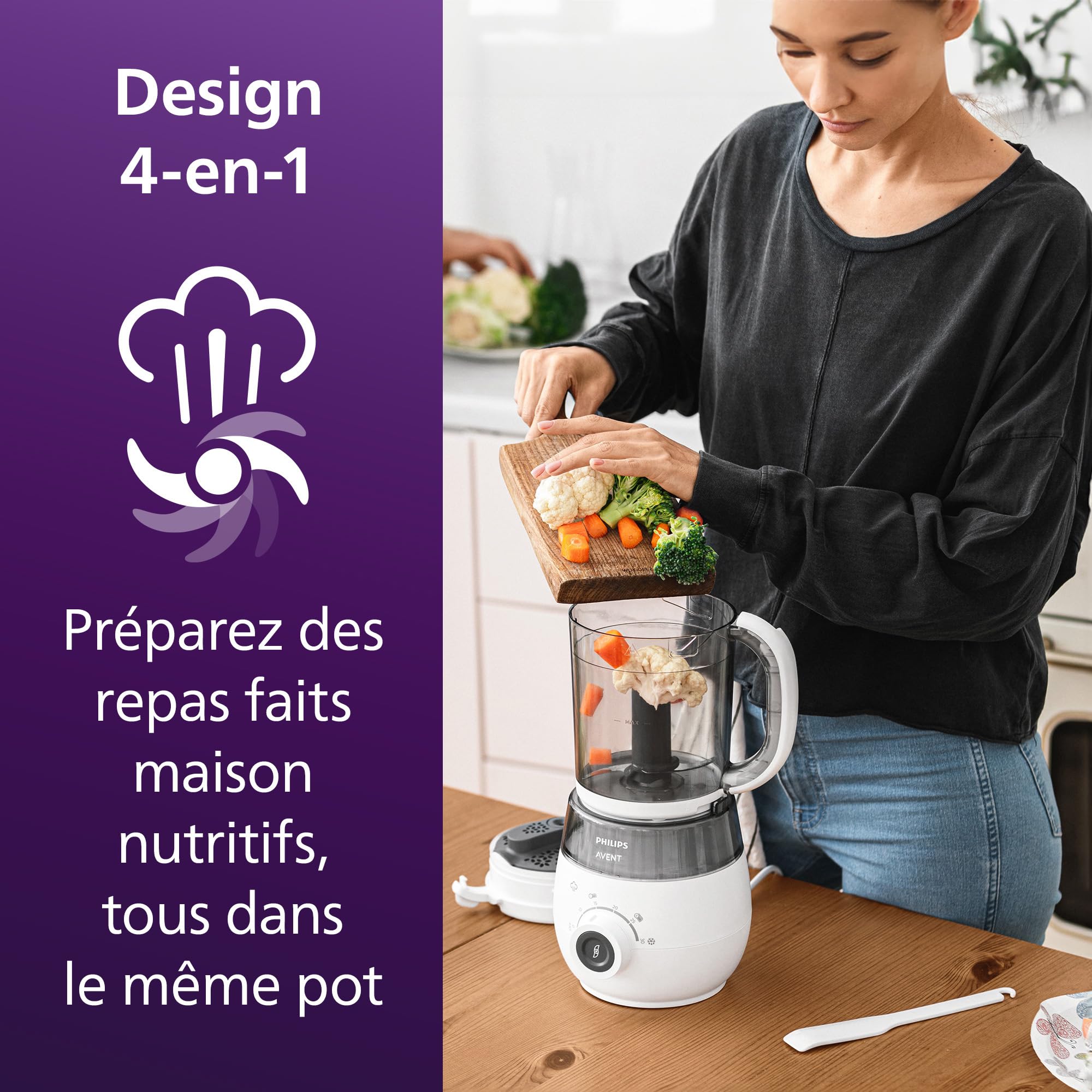 Philips Avent - Robot cuiseur vapeur-mixeur 4 en 1 pour bébé, cuisez à la vapeur, mixez, décongelez, réchauffez, passe au lave-vaisselle, modèle SCF883/01