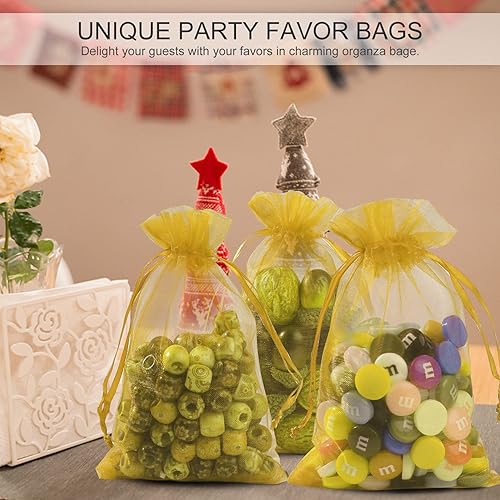 Miniatura 5 de ANZNKU Paquete de 100 bolsas de organza, bolsas pequeñas de 4 x 6 pulgadas, bolsas doradas de primera calidad con cordón, bolsas de joyería de malla