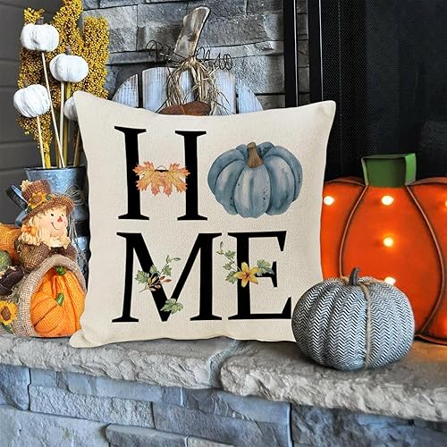 Miniatura 8 de Juego de 4 fundas de almohada azules de otoño de 18 x 18 pulgadas, fundas de almohada de Acción de Gracias, calabazas azules otoñales, fundas de