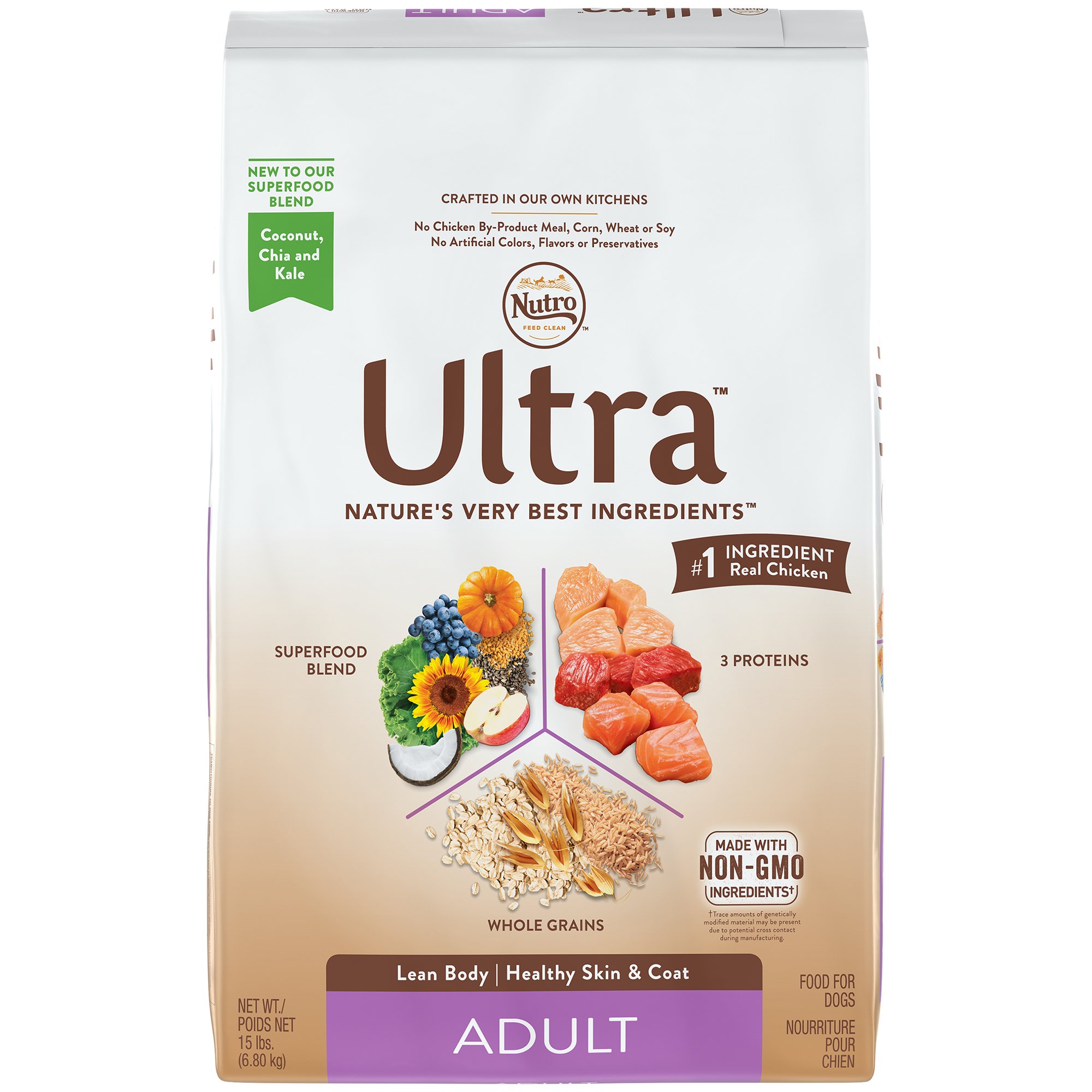 NUTRO ULTRA Adult High Protein Natural Dry Dog Food with a Trio of Proteins from Chicken, Lamb and Salmon, 15 lb. Bag