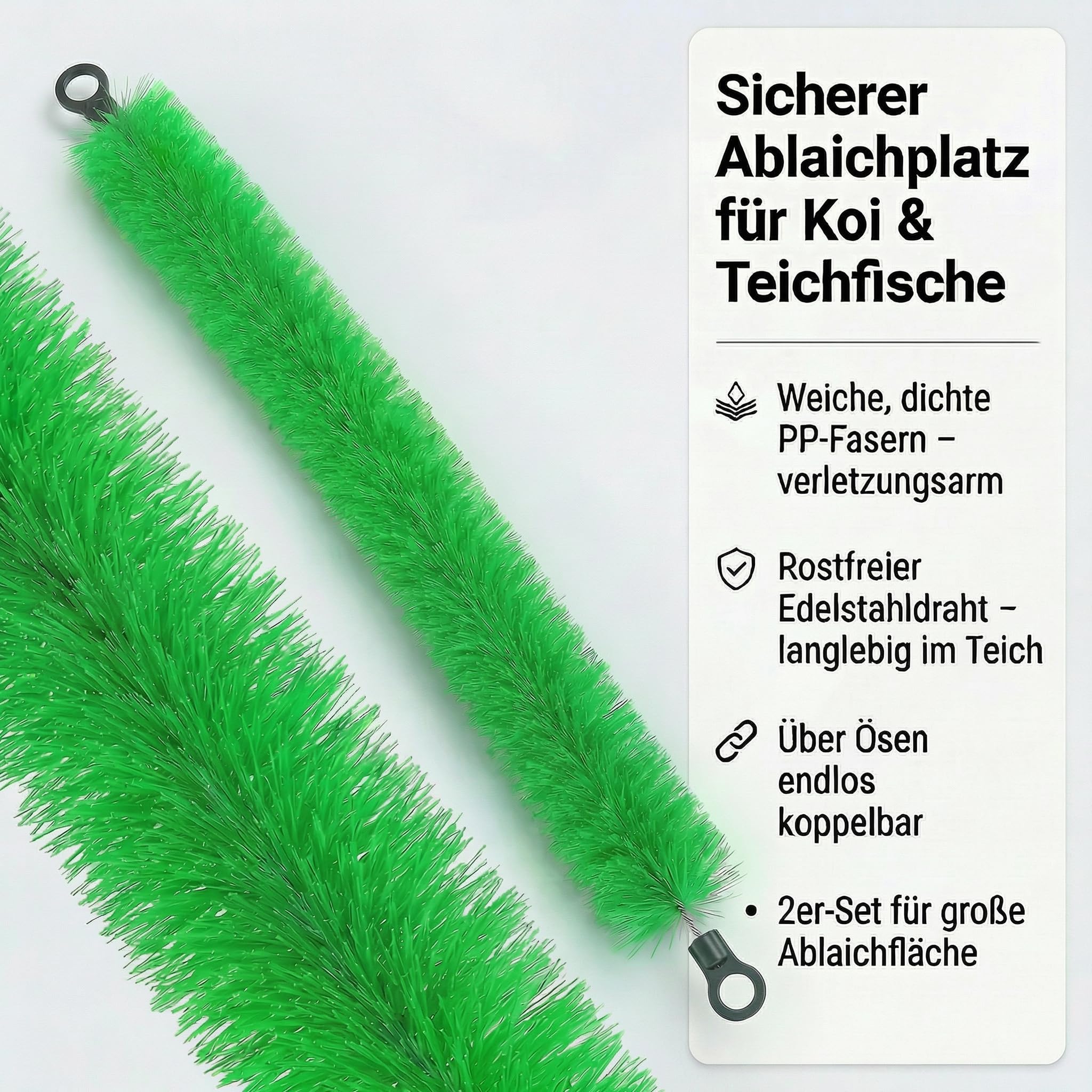 Pondlife Koi Laichbürste Ablaichhilfe, 2er-Set, je 130 cm, Ø 14 cm, weiche PP-Fasern, rostfreier Drahtkern, flexible Laichhilfe für Teichfische im Gartenteich, mit Ösen erweiterbar