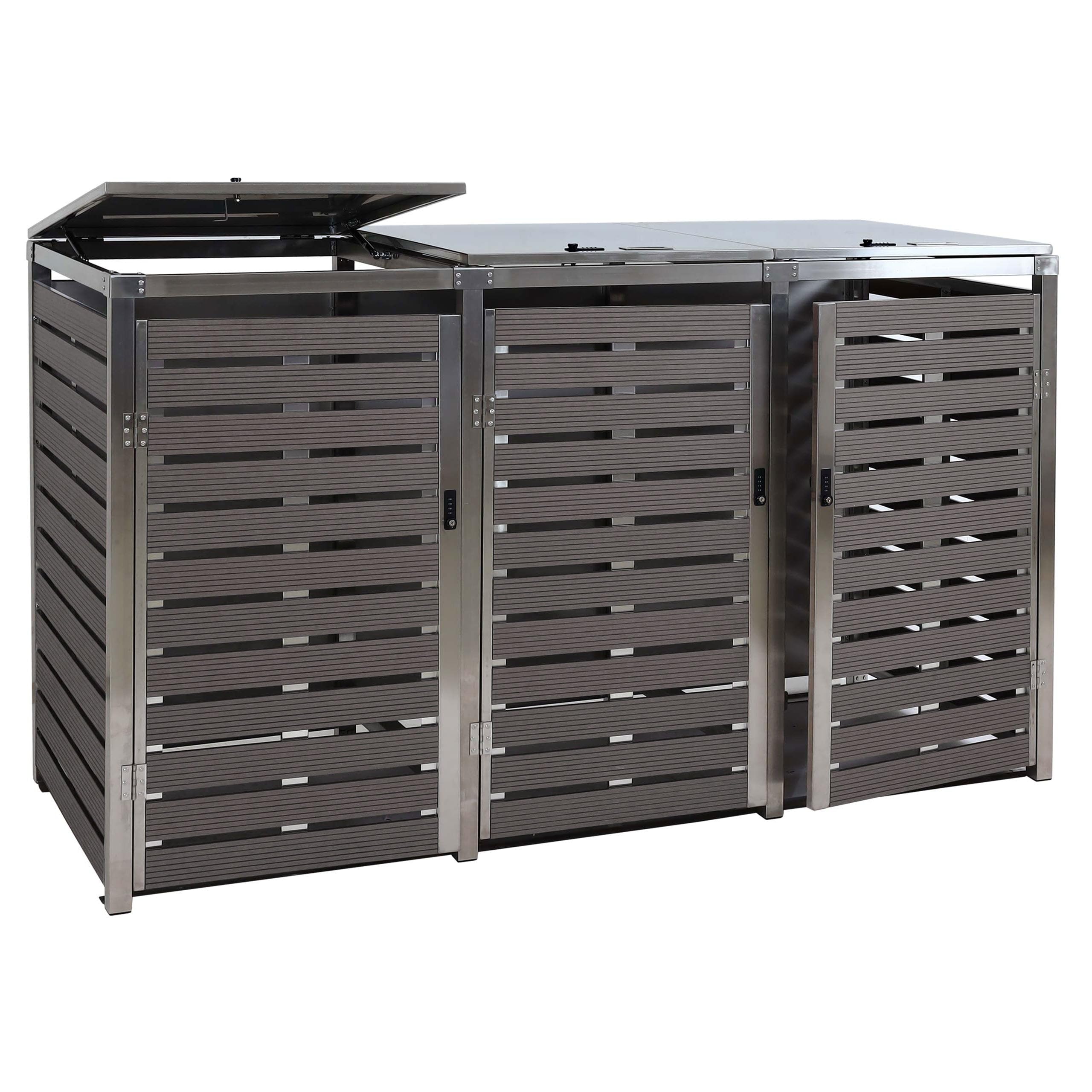 Abri poubelles Triple 200 x 85 cm Hauteur 120 cm Bois Composite Anthracite Acier Inoxydable 04_0008234