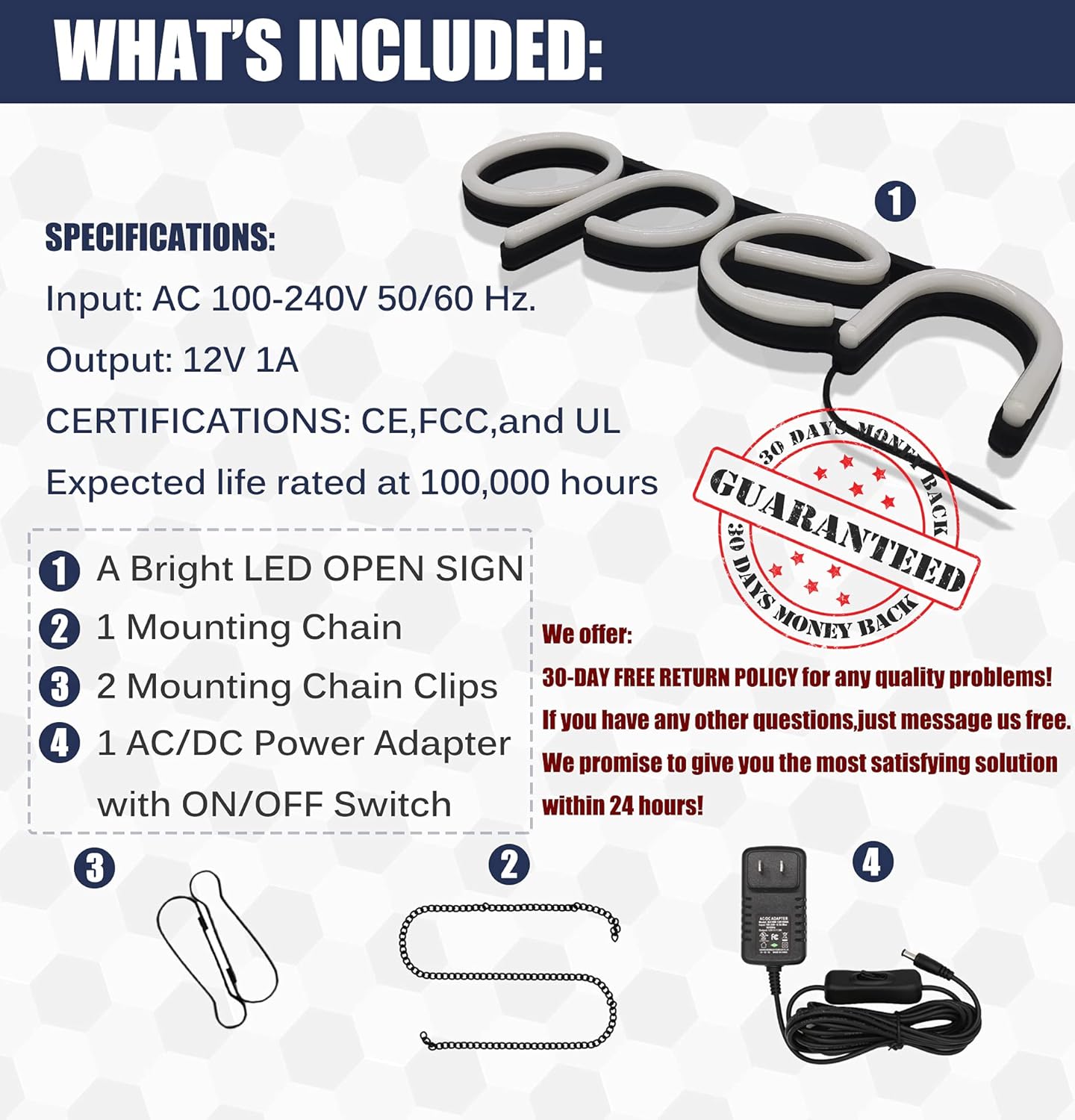 Open Signs for Business,LED Neon Open Sign,16x6 inch Lighted Sign for Restaurants Offices Retail Shops Window Storefronts,12V/1A Power Supply,with ON/OFF Switch (Horizontal White) - Image 9