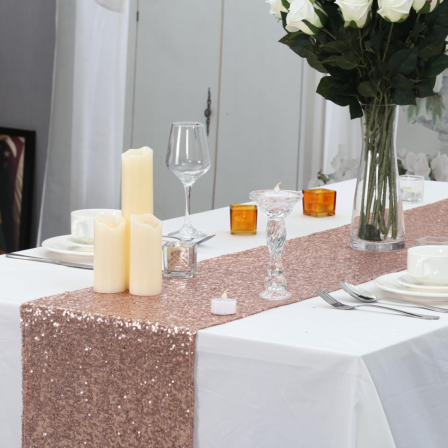 Juya Delight 5Pcs 12"x108" Rose Gold Sequin Table Runner for Party Dinner Banquet Festival Wedding Anniversary Exhibition Dessert Table