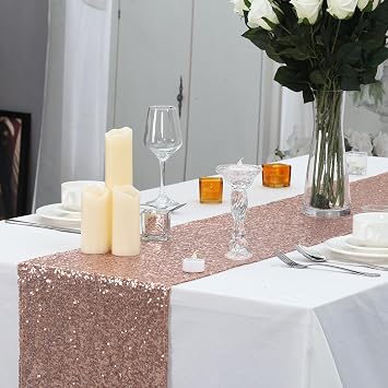 Juya Delight 12"x72" Rose Gold Sequin Table Runner for Party Dinner Banquet Festival Wedding Anniversary Exhibition Dessert Table