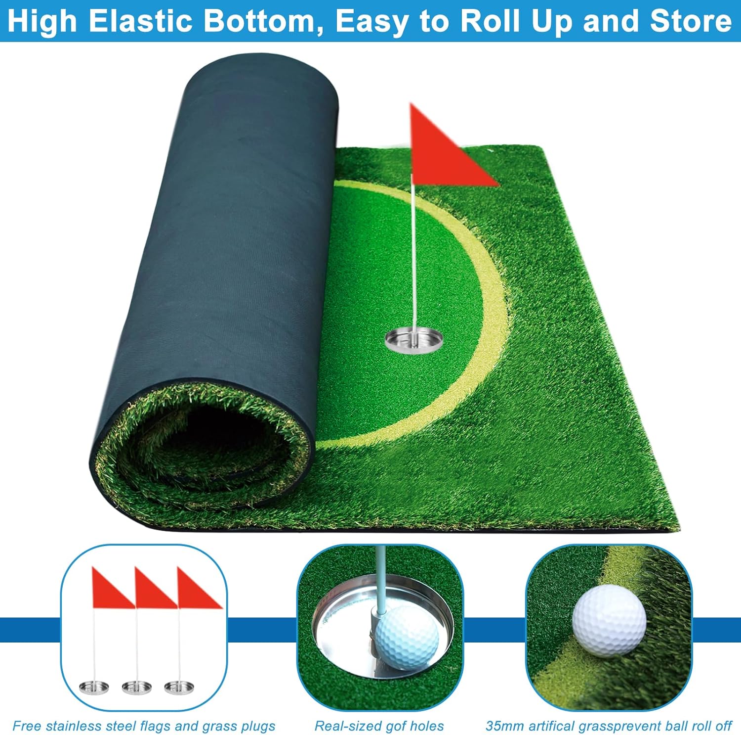 Golf Putting Green, Large Professional Golf Training Mat, Realistic Artificial Grass Turf,Golf Turf Mat with 3 Flags, Golf Game Kids, Putting Practice Green Mat for Indoor Outdoor