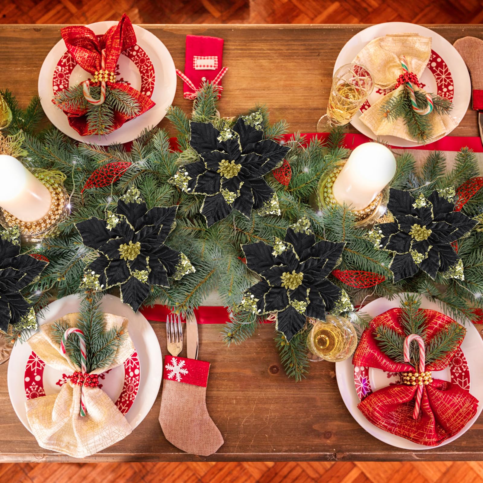 U'Artlines Lot de 12 grandes fleurs de poinsettia artificielles avec clips - 22,9 cm - Noir pailleté - Décorations de Noël pour sapin de Noël, Nouvel An, vacances, fête de mariage